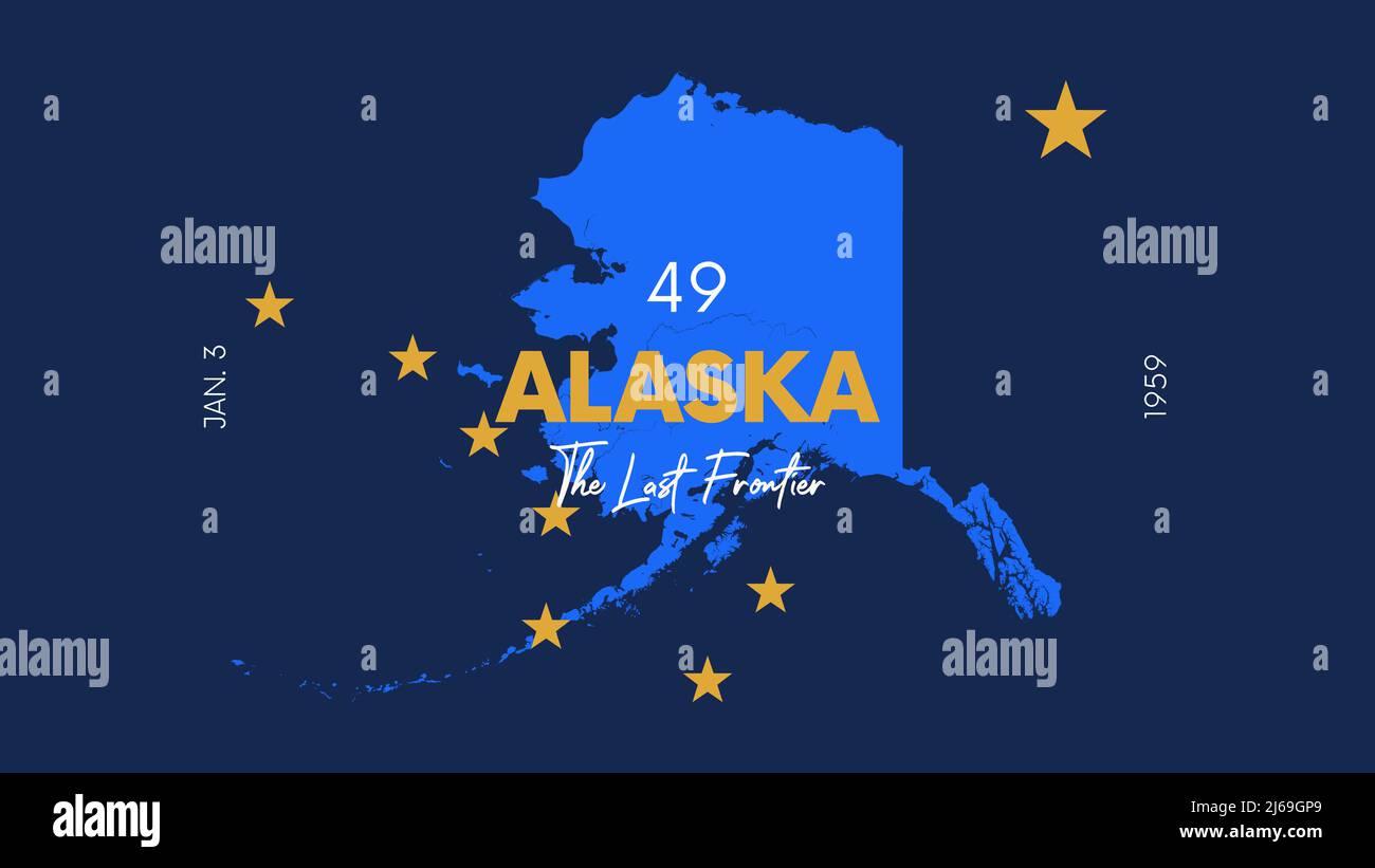 49 von 50 Bundesstaaten der Vereinigten Staaten mit Namen, Spitznamen und Datum der Aufnahme in die Union, detaillierte Vector Alaska Map für den Druck von Postern, Postkarten Stock Vektor