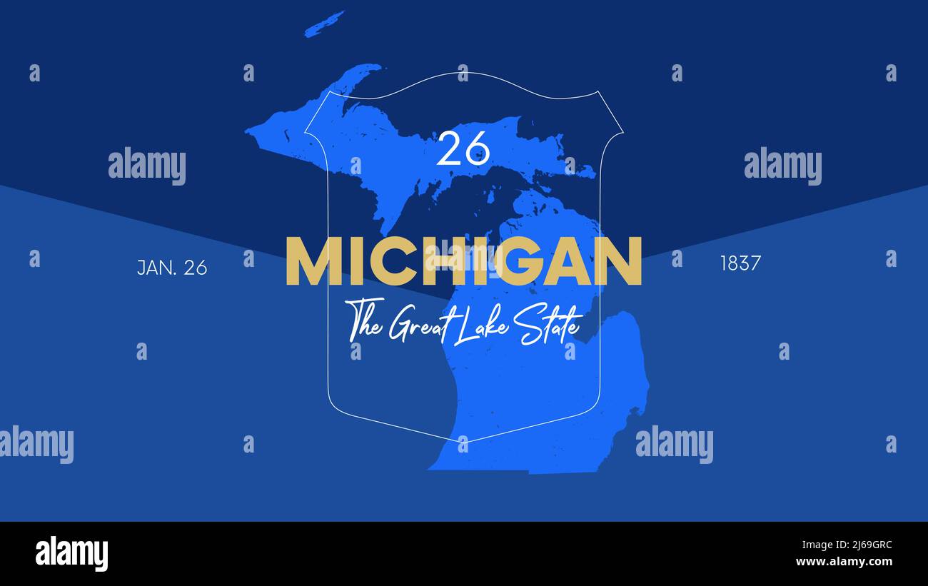 26 von 50 Bundesstaaten der Vereinigten Staaten mit einem Namen, Spitznamen und Datum der Aufnahme in die Union, detaillierte Vector Michigan Karte für den Druck von Plakaten, Postauto Stock Vektor