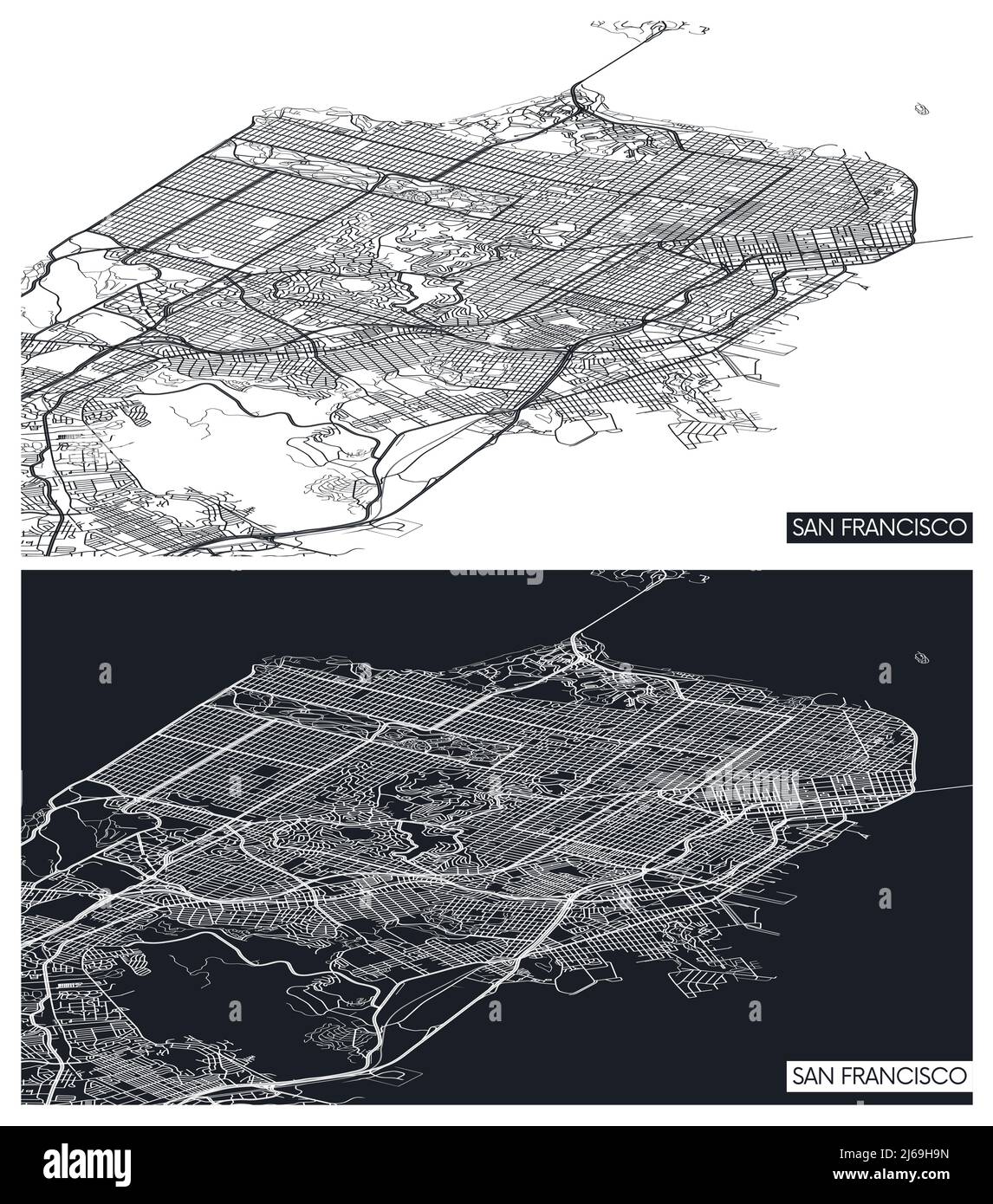 Luftbild oben Stadtplan San Francisco, schwarz-weiß Detailplan, urbanes Gitter in Perspektive, Vektor-Illustration Stock Vektor