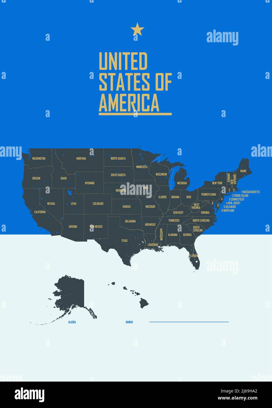 Farbposter mit detaillierter Karte der Vereinigten Staaten von Amerika, mit Staatsnamen, Vektorgrafik Stock Vektor