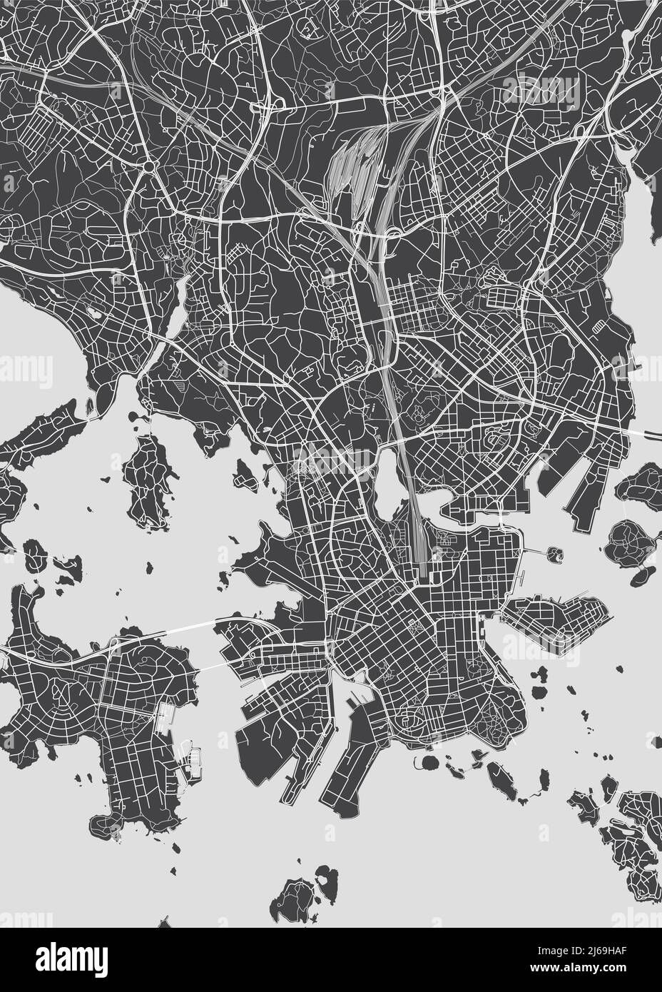 Stadtplan Helsinki, monochromer Detailplan der Stadt, Flüsse und Straßen, Vektorgrafik Stock Vektor