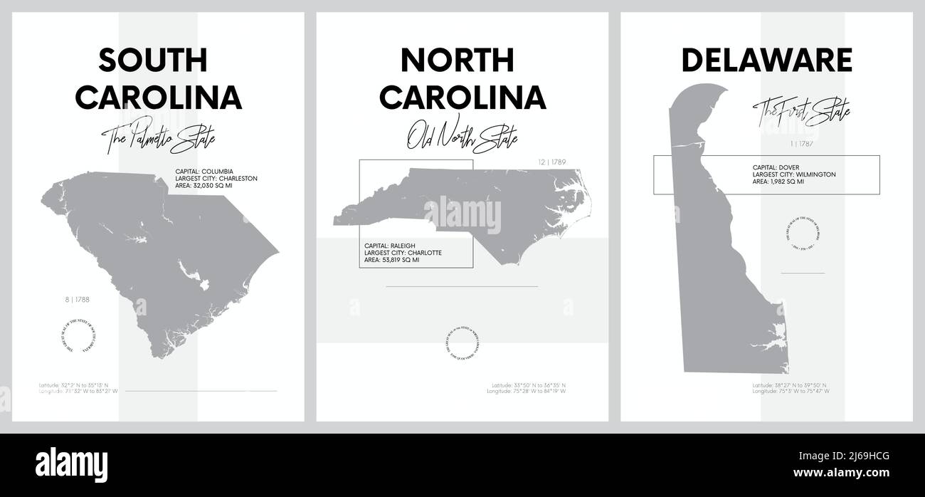 Vektorplakate mit detailreichen Silhouetten von Karten der Staaten von Amerika, Division South Atlantic - South Carolina, North Carolina, Delaware - Stock Vektor