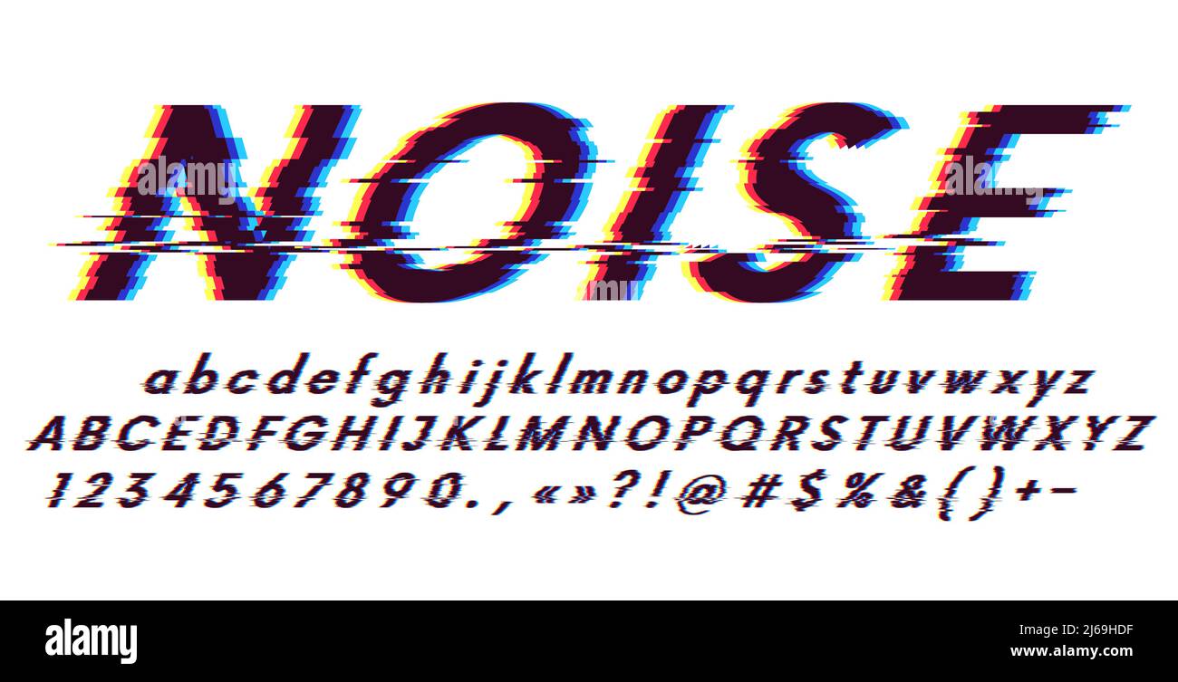 Glitch-Schriftart schräg auf weißem Hintergrund, digitaler Bildfehler, Verzerrung von Buchstaben und Zeichen, 3D Stereo-Effekt, blauer und roter Farbkanal aus Stock Vektor