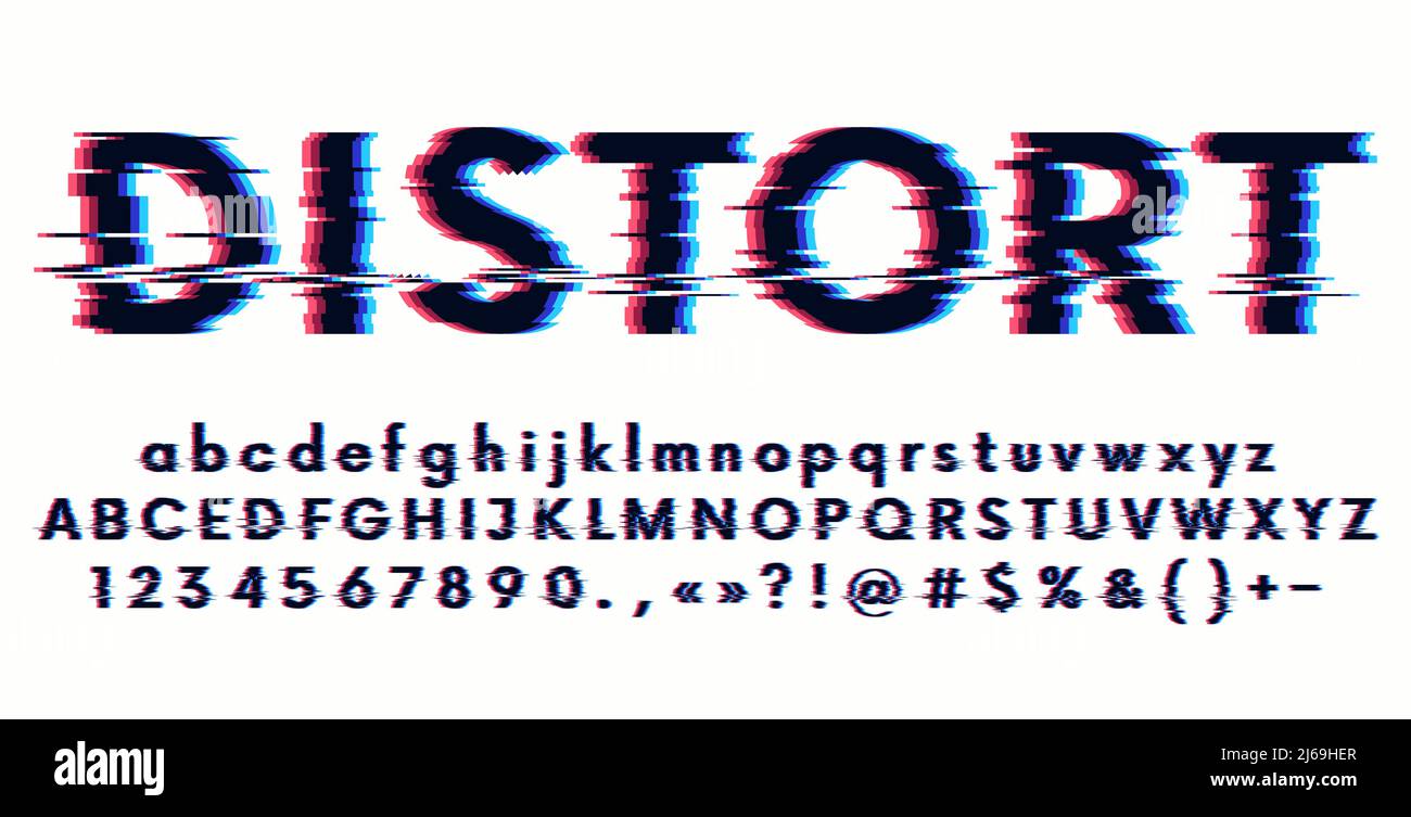 Futuristische digitale Verzerrung stilisiertes Alphabet, Glitch-Schrift mit Groß- und Kleinbuchstaben, Zahlen und Symbolen, 3D Stereo-Effekt, Vektorillust Stock Vektor