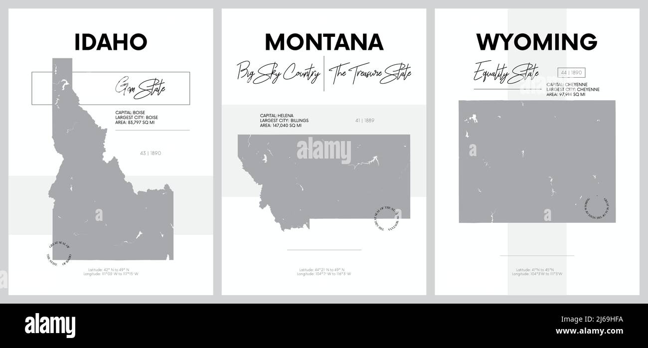 Vektorplakate mit detailreichen Silhouetten von Karten der Staaten von Amerika, Division Mountain - Idaho, Montana, Wyoming - Set 15 von 17 Stock Vektor