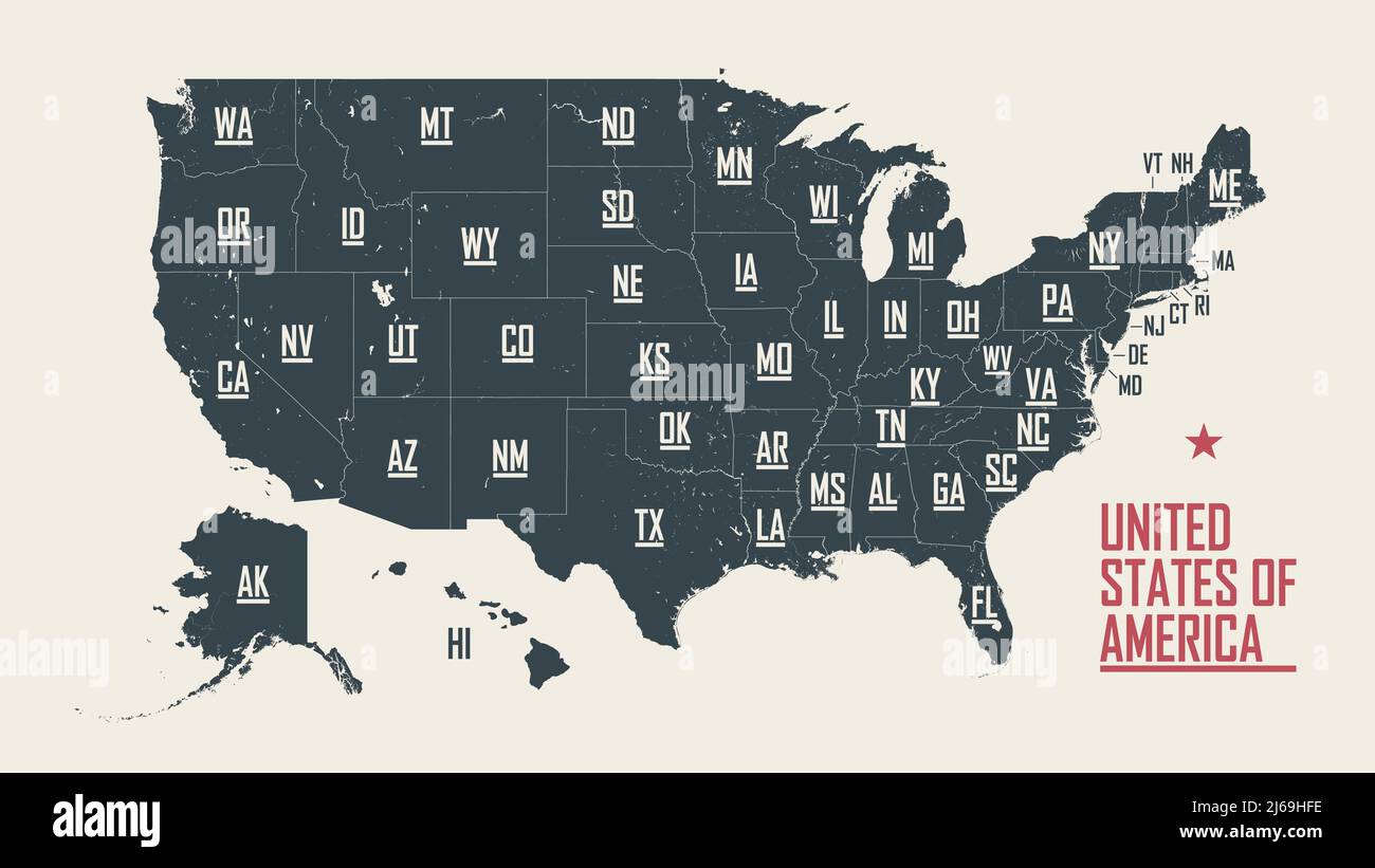 Karte der Vereinigten Staaten von Amerika, mit Grenzen und Abkürzungen für US-Staaten, detaillierte Vektordarstellung Stock Vektor