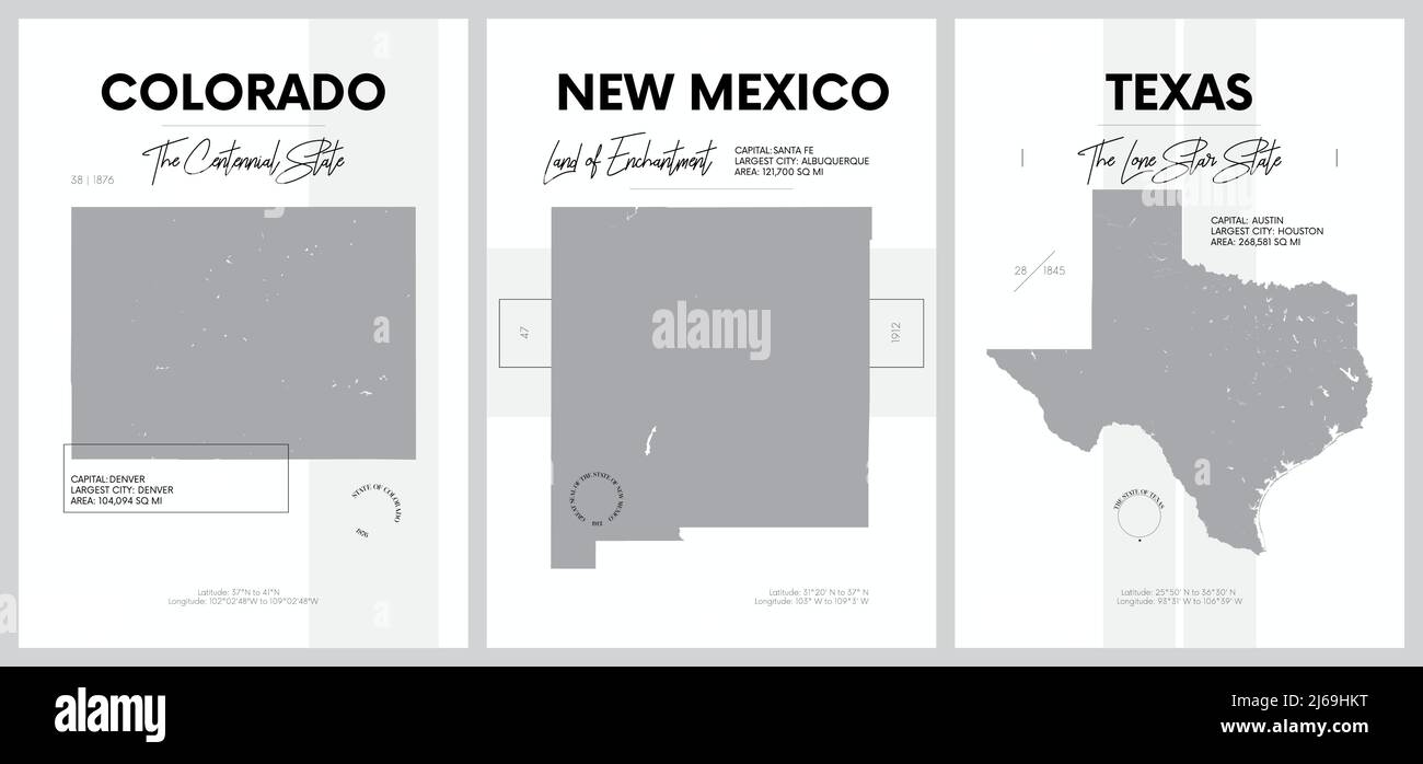 Vektorplakate mit detailreichen Silhouetten von Karten der Bundesstaaten Amerika, Division Mountain und West South Central - Colorado, New Mexico, Tex Stock Vektor