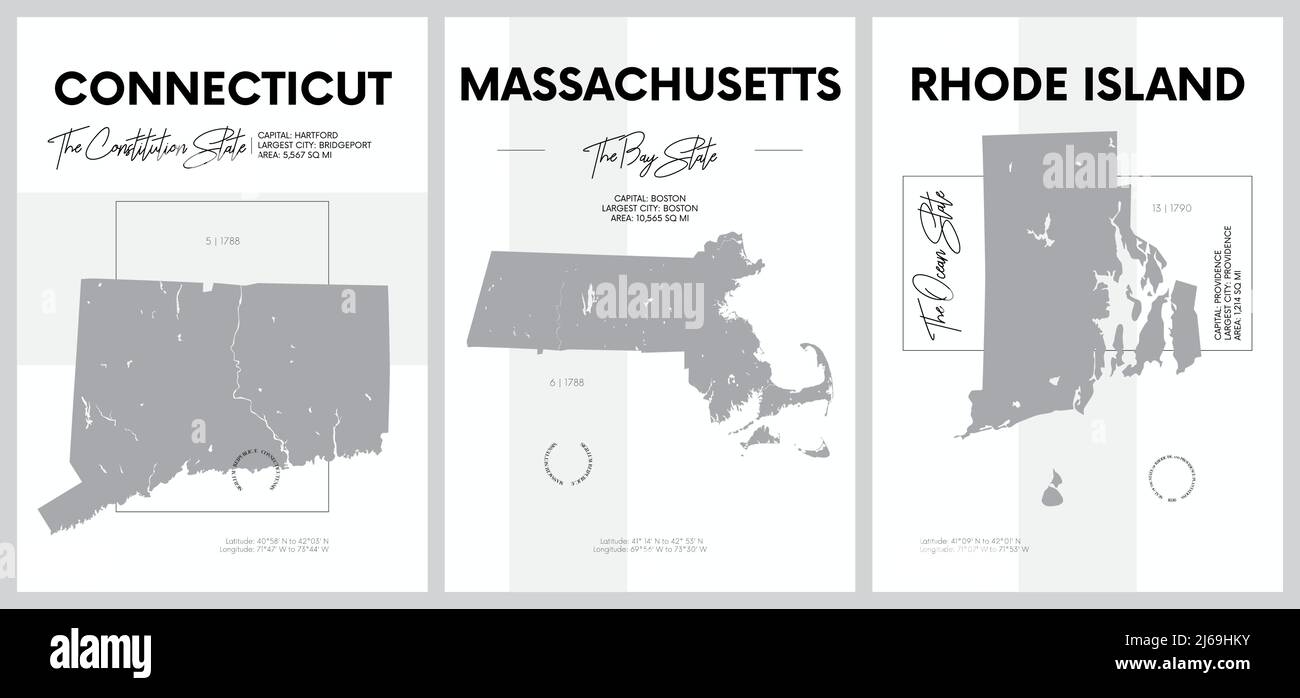 Vektorplakate mit hoch detaillierten Silhouetten von Karten der Staaten von Amerika, Division New England - Connecticut, Massachusetts, Rhode Island - se Stock Vektor