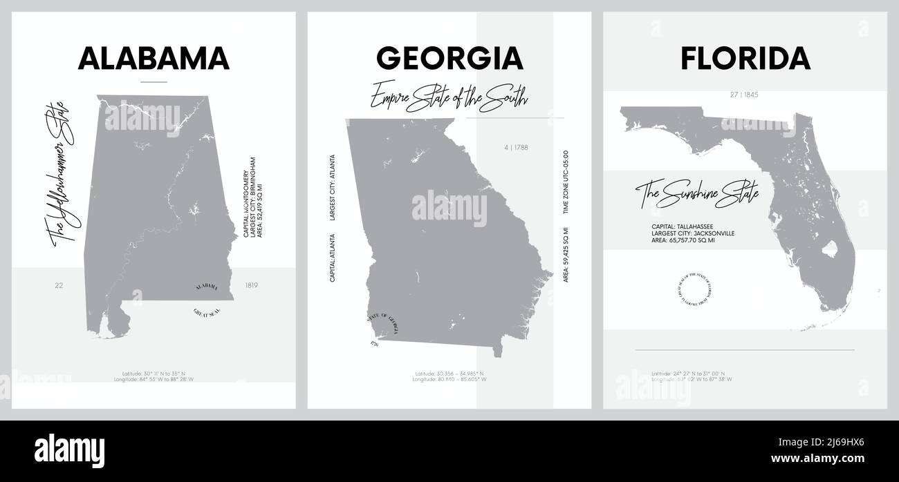 Vektorplakate mit hoch detaillierten Silhouetten von Karten der Staaten von Amerika, Division South Atlantic und East South Central - Alabama, Georgia, F Stock Vektor