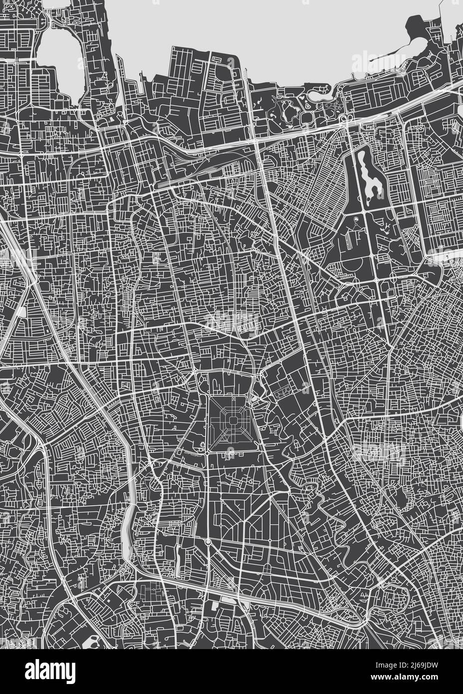 Stadtplan Jakarta, monochromer Detailplan, Vektorgrafik Stock Vektor
