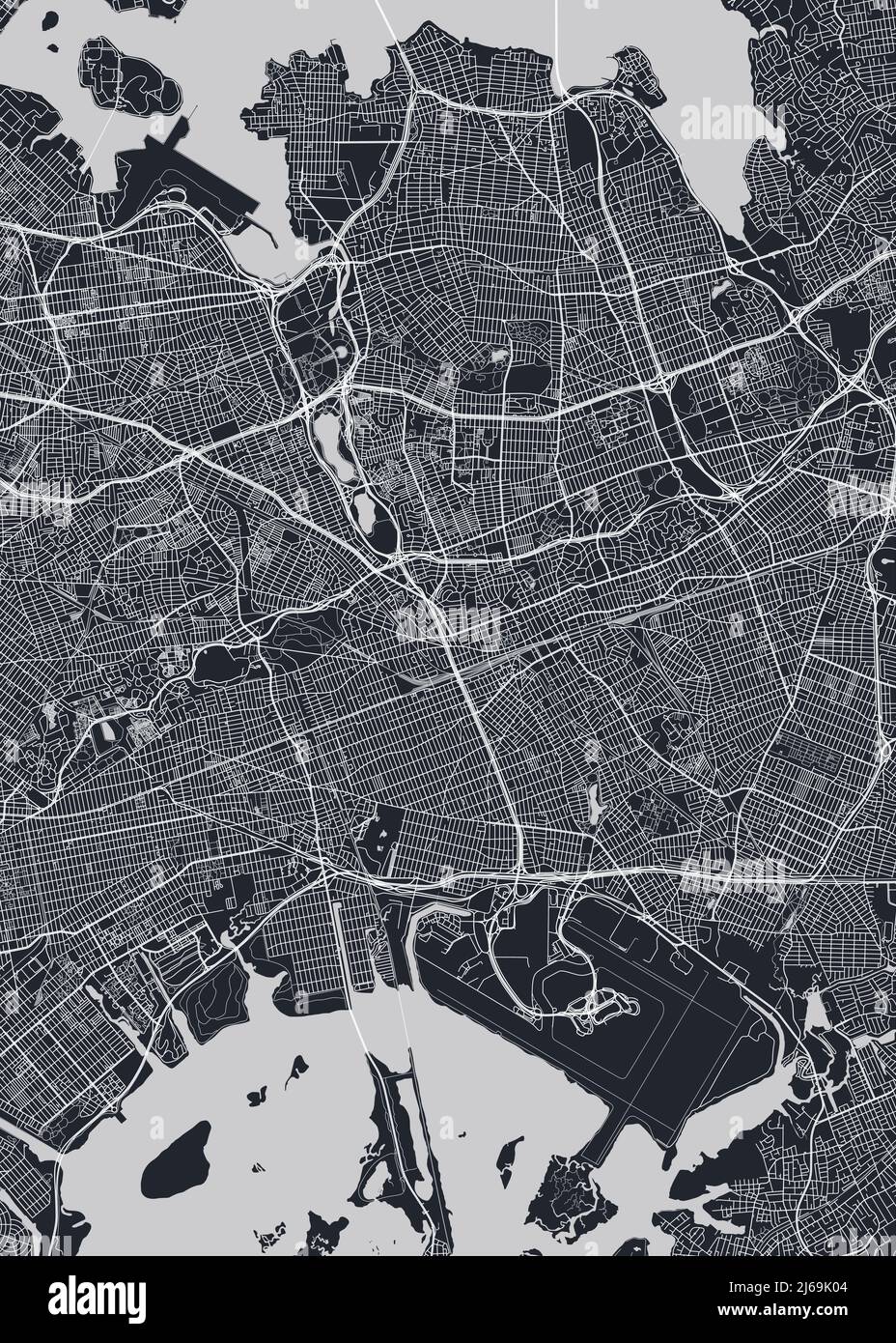 Detaillierte Stadtkarte der Stadt Queens New York, monochromes Vektorposter oder Postkartenansicht des Stadtplans Stock Vektor