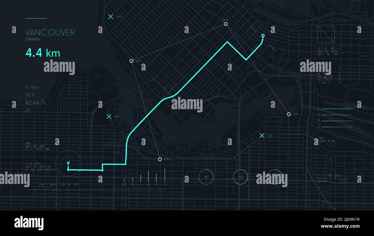 Futuristische Route Dashboard GPS-Tracking-Karte, Navigieren Kartentechnologie und Position Pin auf den Straßen der Stadt Vancouver zu finden Stock Vektor