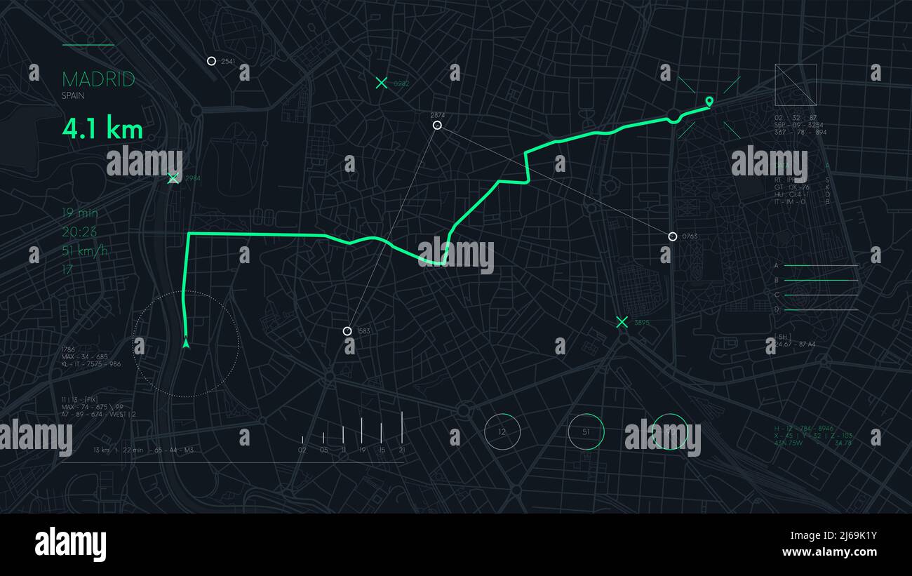Futuristische Reise-GPS-Karte oder Standortnavigator, Navigieren Sie Kartentechnologie und Endziel auf den Straßen der Stadt Madrid Stock Vektor