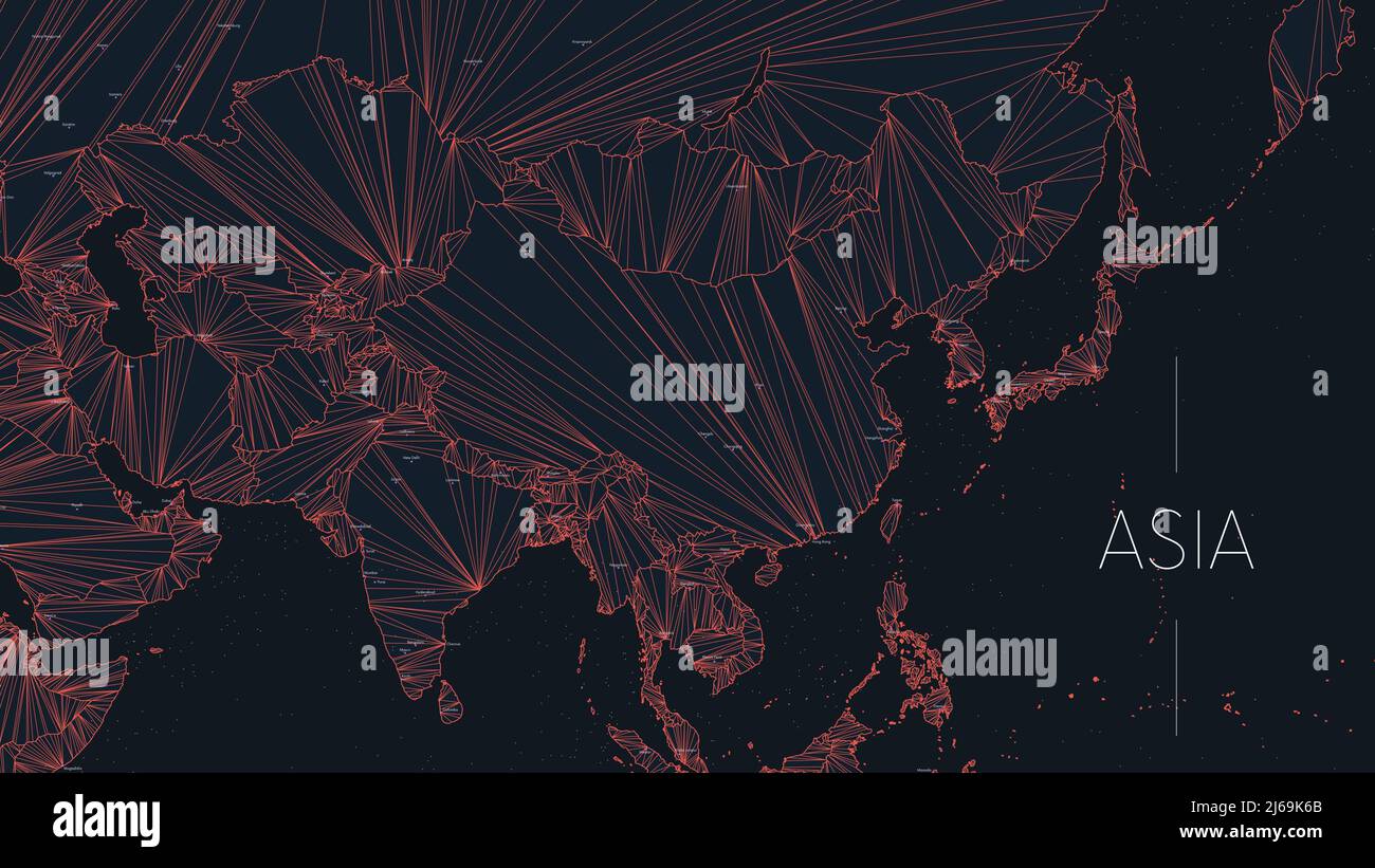 Polygonale Karte des asiatischen Kontinents mit durch Linien verbundenen Knoten, Vektor-globales Netzwerk-Konzeptposter, abstrakte Illustration Stock Vektor