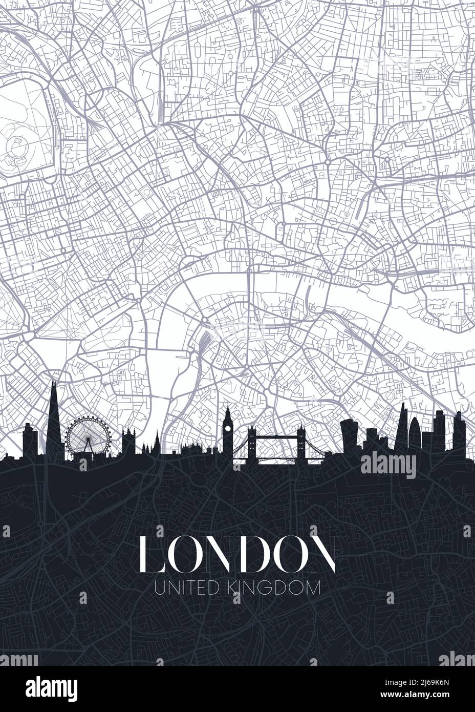 Skyline und Stadtplan von London, detailliertes Stadtplan-Vektor-Poster Stock Vektor