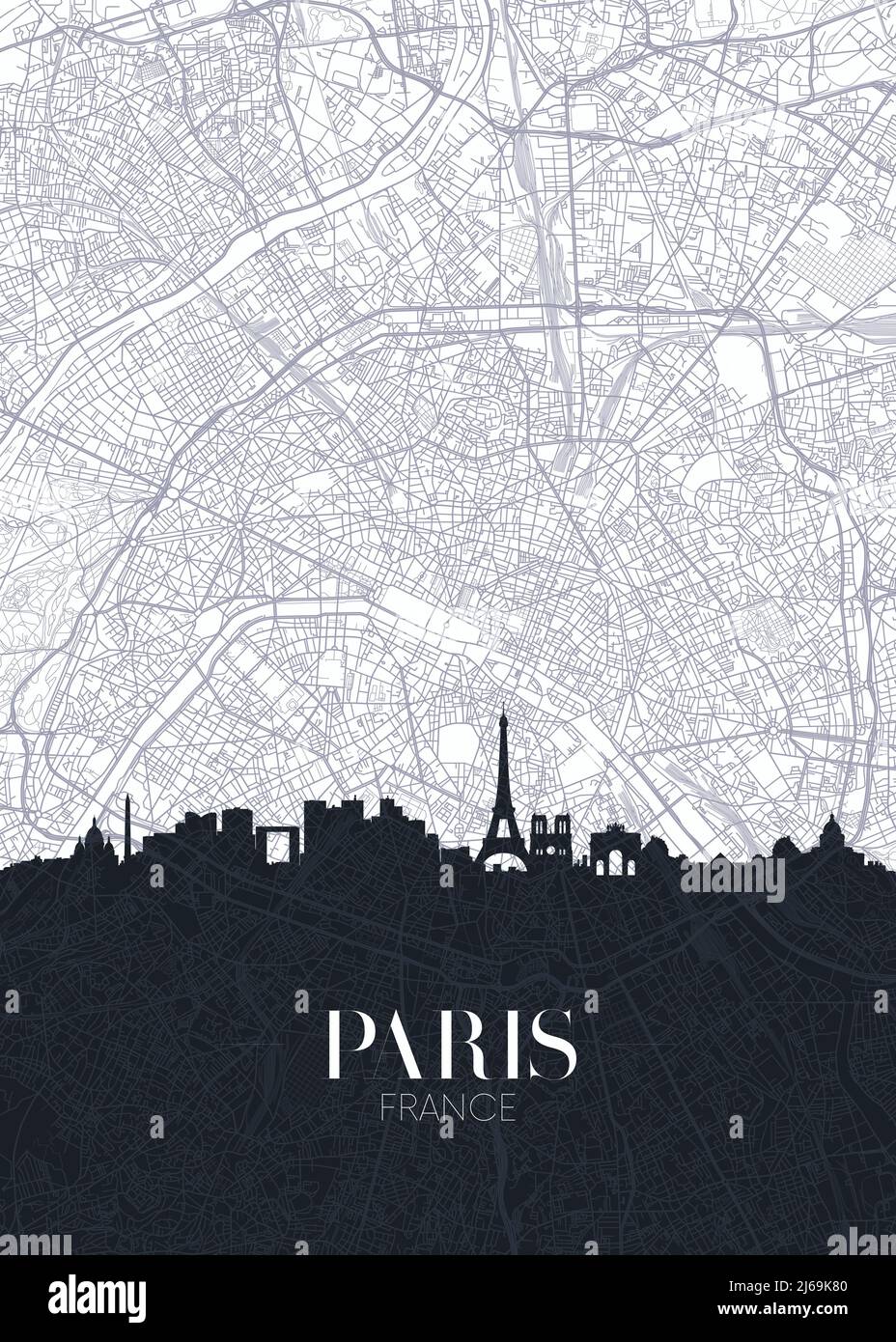 Skyline und Stadtplan von Paris, detailliertes Stadtplan-Vektor-Poster Stock Vektor