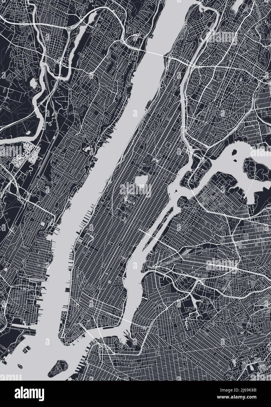 Detaillierte Stadtkarte von Manhattan, New York City, monochromes Vektorposter oder Postkartenansicht des Stadtplans Stock Vektor