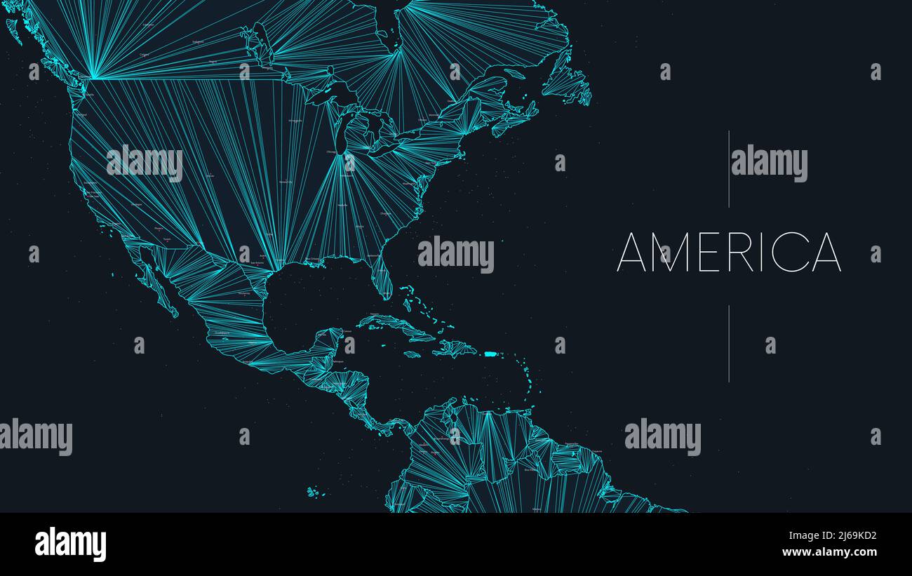 Polygonale Karte des amerikanischen Kontinents mit durch Linien verbundenen Knoten, Vektor-globales Netzwerk-Konzeptplakat, abstrakte Illustration Stock Vektor