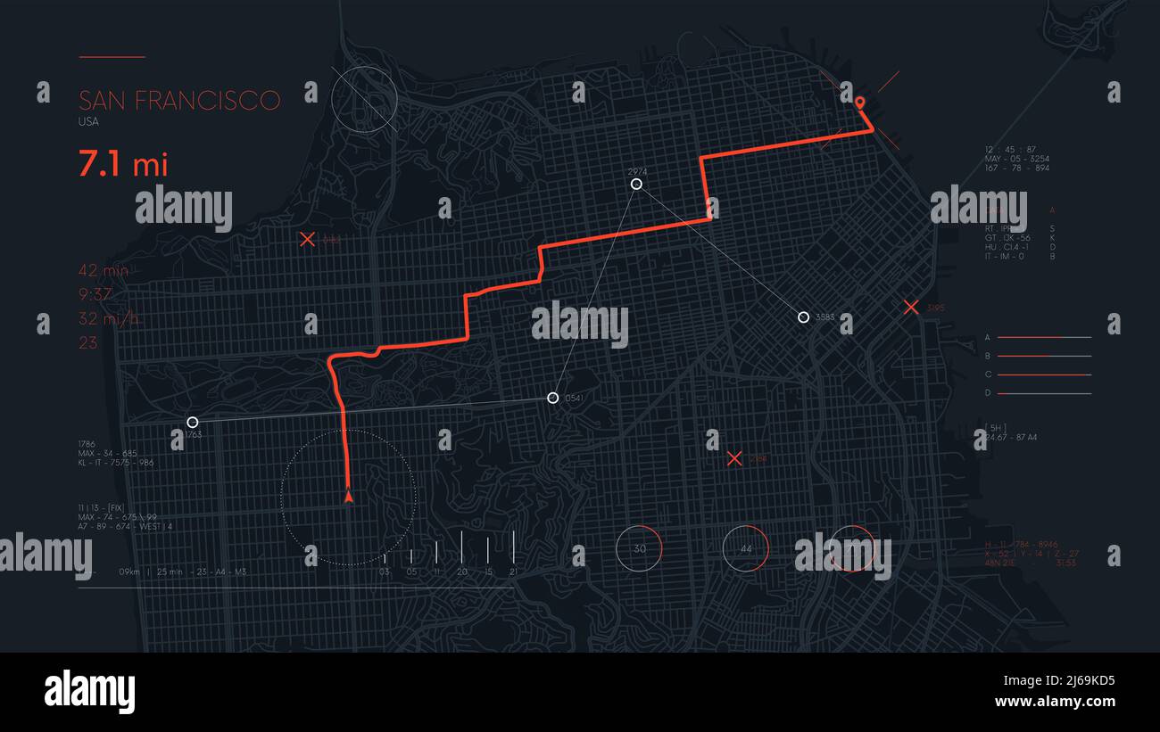 Futuristische Navigate-Mapping-Technologie Dashboard GPS-Tracking-Karte, zeigt die Bewegung und das endgültige Ziel auf den Straßen der Stadt San Francisco Stock Vektor