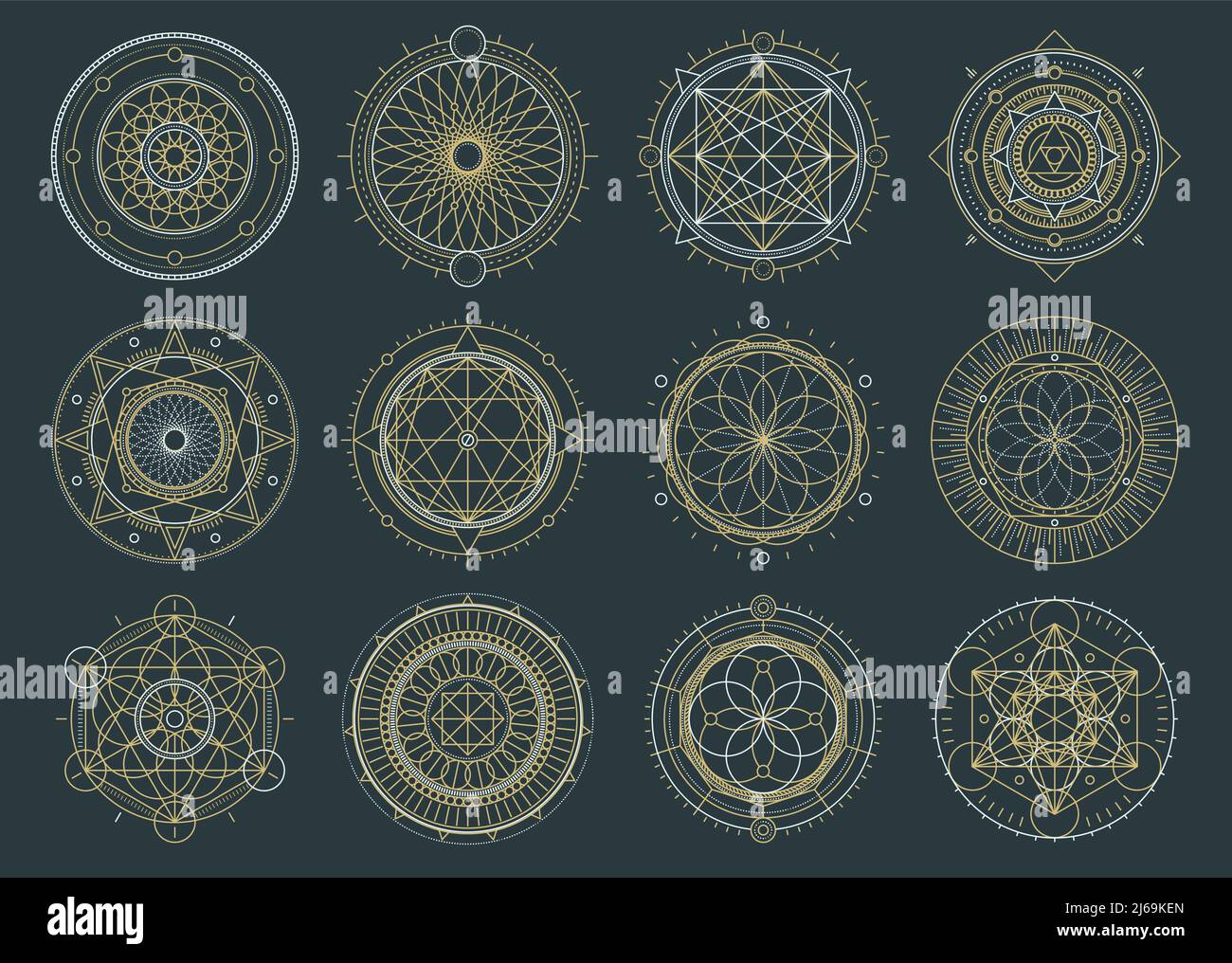 Vektor-Set von heiligen geometrischen Figuren, Traumfänger und mystische Symbole, alchemistische und spirituelle Zeichen Stock Vektor