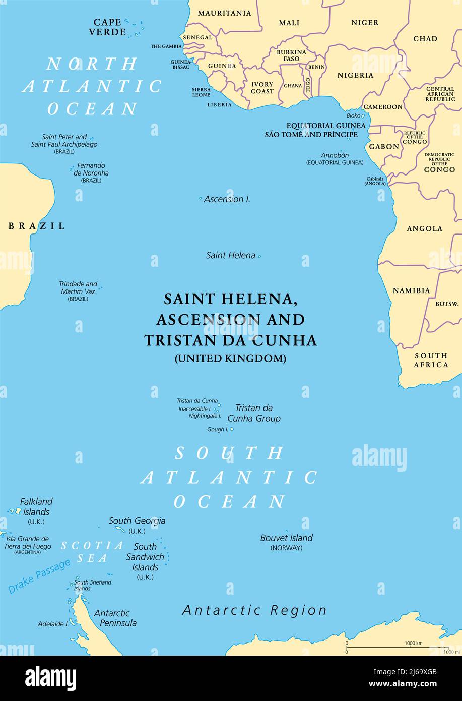 Politische Landkarte der Südatlantischen Inseln. Inseln und Inselgruppen zwischen Afrika und Brasilien, Kap Verde und der Antarktis. Stockfoto