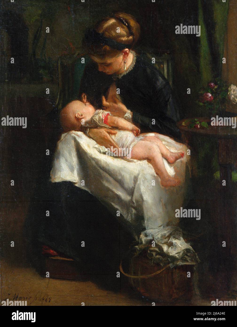 Eine junge Frau, die ein Baby stillt, vom niederländischen Künstler Jacob Maris (1837-1899), Öl auf Mahagoni, 1868 Stockfoto
