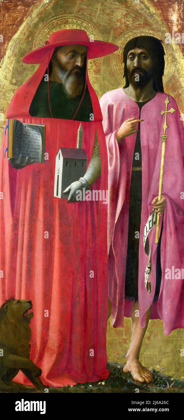 Heilige Hieronymus und Johannes der Täufer von Masacio (Tommaso Guidi, 1401-1428), Ei Tempera auf Pappel, c. 1428-9 Stockfoto