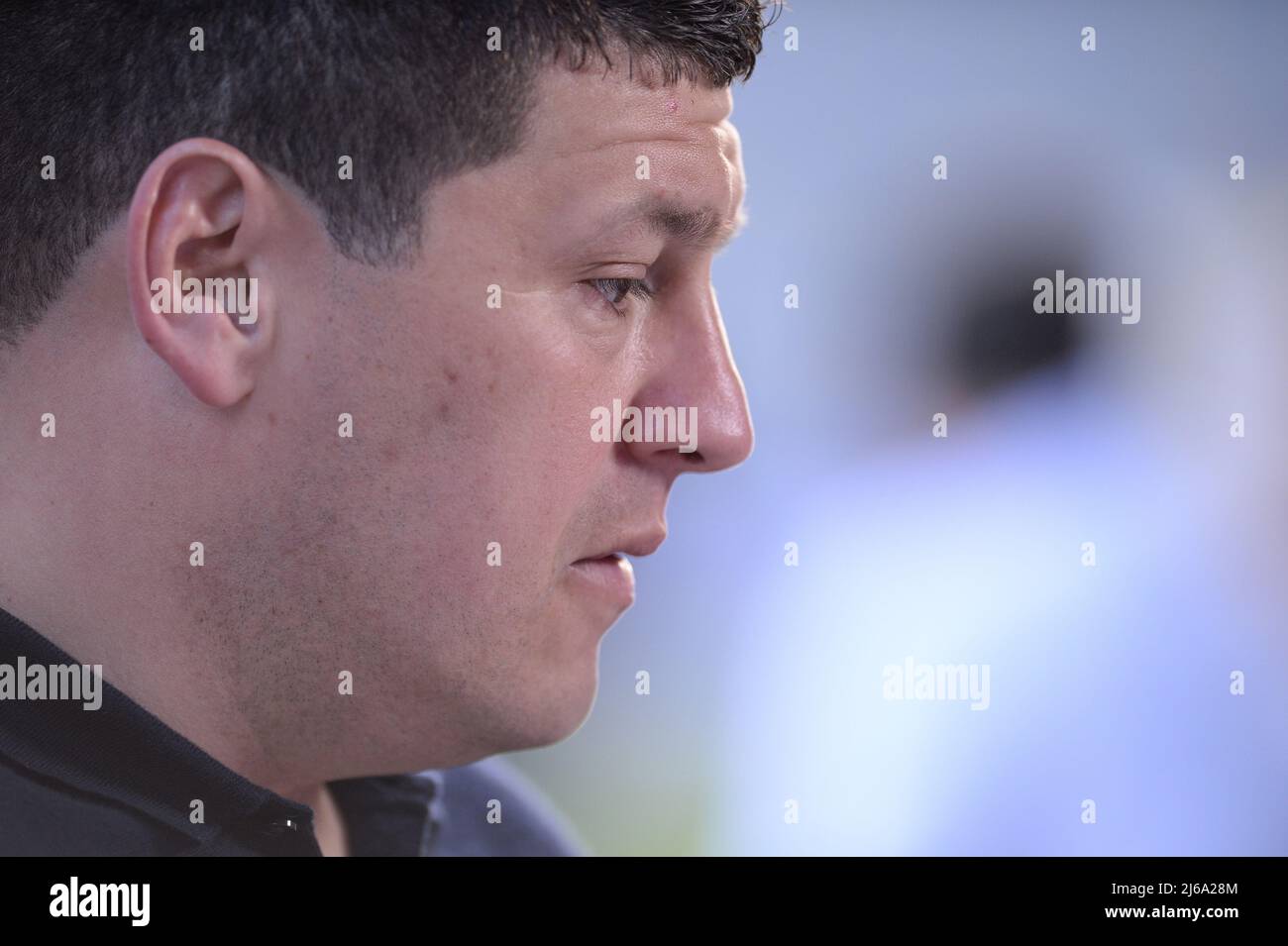 Warrington, Großbritannien. 29. April 2022. Warrington, England -29.. April 2022 - Matt Peet, Cheftrainer der Wigan-Krieger, spricht mit den Medien vor dem Spiel. Rugby League Betfred Super League Round 10 Warrington Wolves vs Wigan Warriors at Halliwell Jones Stadium, Warrington, UK Dean Williams Credit: Dean Williams/Alamy Live News Stockfoto