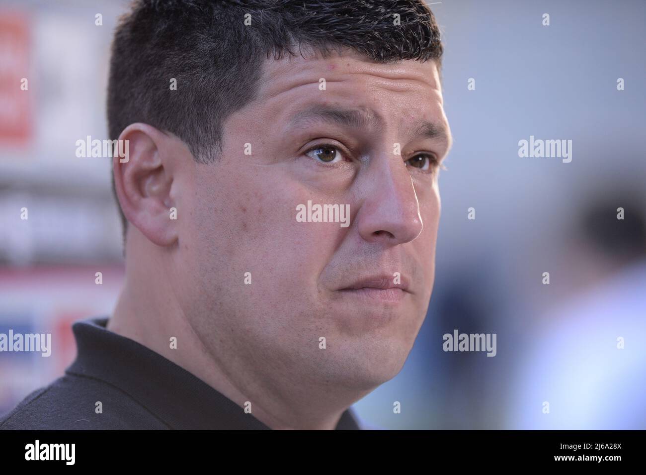 Warrington, Großbritannien. 29. April 2022. Warrington, England -29.. April 2022 - Matt Peet, Cheftrainer der Wigan-Krieger, spricht mit den Medien vor dem Spiel. Rugby League Betfred Super League Round 10 Warrington Wolves vs Wigan Warriors at Halliwell Jones Stadium, Warrington, UK Dean Williams Credit: Dean Williams/Alamy Live News Stockfoto