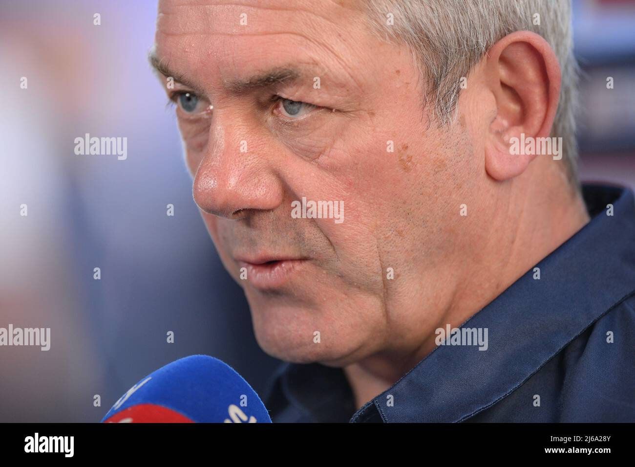 Warrington, Großbritannien. 29. April 2022. Warrington, England -29.. April 2022 - Daryl Powell, Cheftrainer von Warrington Wolves, spricht mit den Medien vor dem Spiel. Rugby League Betfred Super League Round 10 Warrington Wolves vs Wigan Warriors at Halliwell Jones Stadium, Warrington, UK Dean Williams Credit: Dean Williams/Alamy Live News Stockfoto