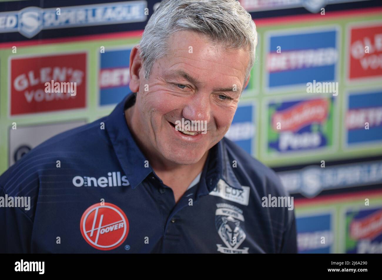 Warrington, Großbritannien. 29. April 2022. Warrington, England -29.. April 2022 - Daryl Powell, Cheftrainer von Warrington Wolves, spricht mit den Medien vor dem Spiel. Rugby League Betfred Super League Round 10 Warrington Wolves vs Wigan Warriors at Halliwell Jones Stadium, Warrington, UK Dean Williams Credit: Dean Williams/Alamy Live News Stockfoto