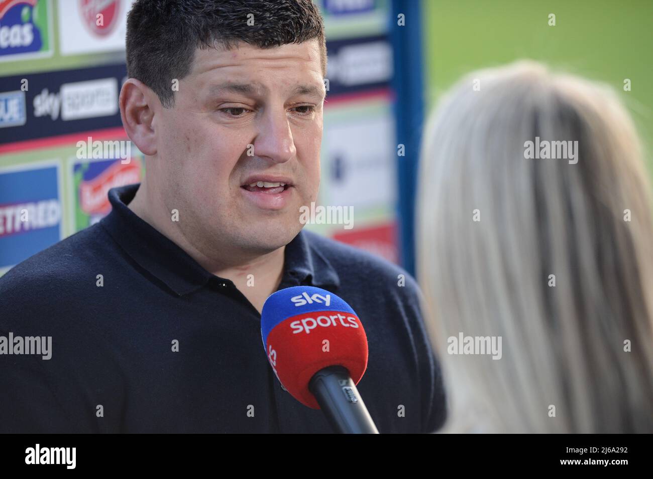 Warrington, Großbritannien. 29. April 2022. Warrington, England -29.. April 2022 - Matt Peet, Cheftrainer der Wigan-Krieger, spricht mit den Medien vor dem Spiel. Rugby League Betfred Super League Round 10 Warrington Wolves vs Wigan Warriors at Halliwell Jones Stadium, Warrington, UK Dean Williams Credit: Dean Williams/Alamy Live News Stockfoto