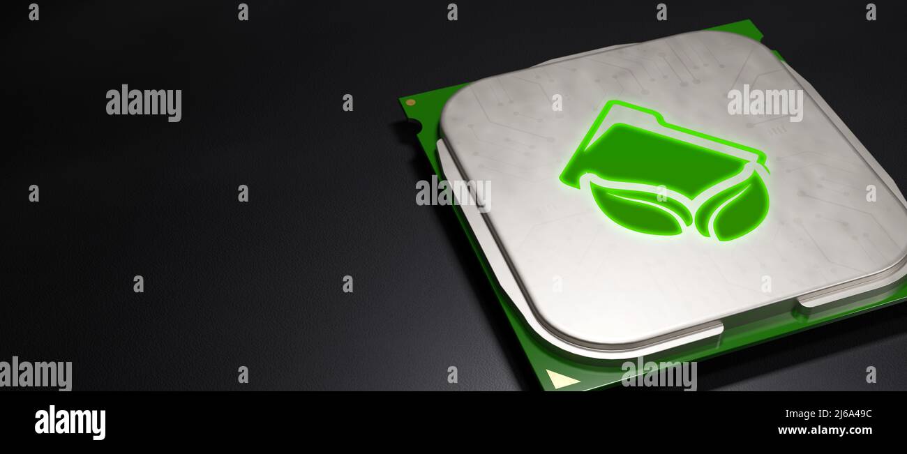 Grüner Ordner und Blattsymbol mit CPU-Mikrochip-Banner mit Copyspace 3D-Rendering Stockfoto