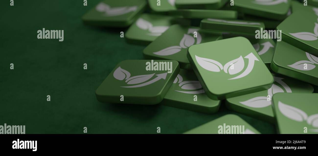 Grünes Blatt-Pfeilsymbol im Kachelbanner-Hintergrund 3D Rendern Stockfoto