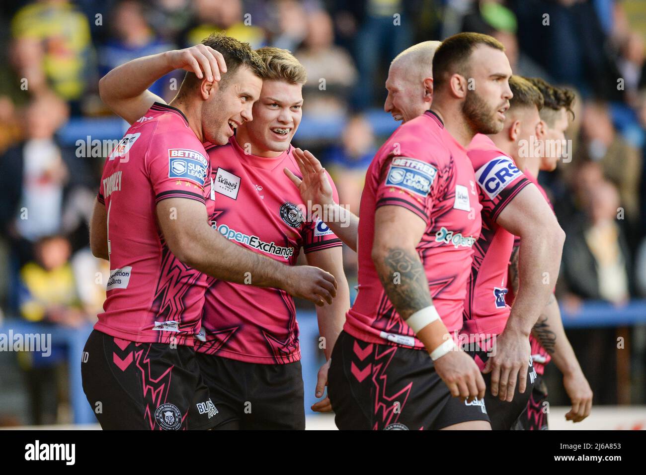 Warrington, Großbritannien. 29. April 2022. Warrington, England -29.. April 2022 - Iain Thornley von Wigan Warriors feiert den Versuch. Rugby League Betfred Super League Round 10 Warrington Wolves vs Wigan Warriors at Halliwell Jones Stadium, Warrington, UK Dean Williams Credit: Dean Williams/Alamy Live News Stockfoto