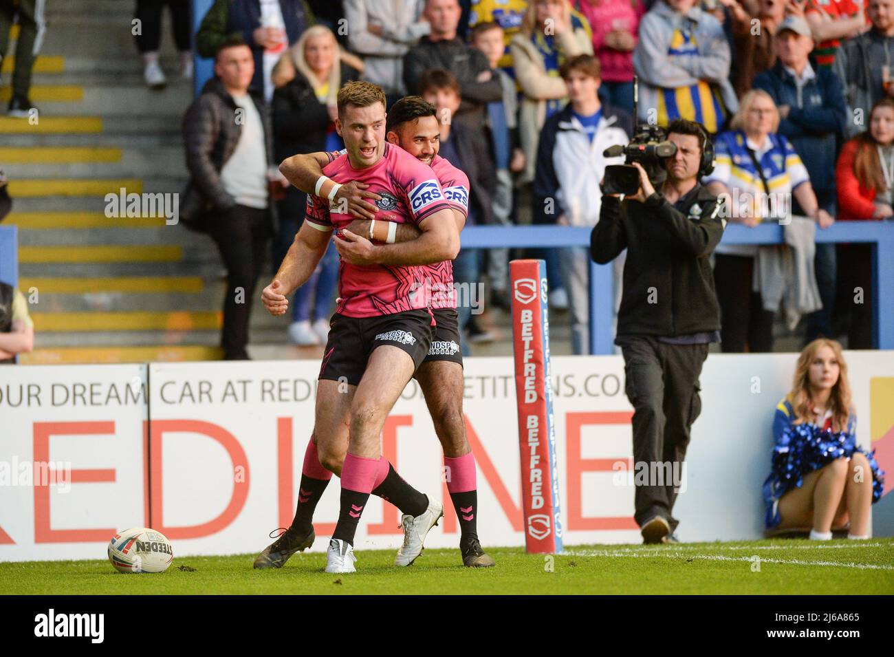Warrington, Großbritannien. 29. April 2022. Warrington, England -29.. April 2022 - Iain Thornley von Wigan Warriors feiert den 2.. Treffer. Rugby League Betfred Super League Round 10 Warrington Wolves vs Wigan Warriors at Halliwell Jones Stadium, Warrington, UK Dean Williams Credit: Dean Williams/Alamy Live News Stockfoto