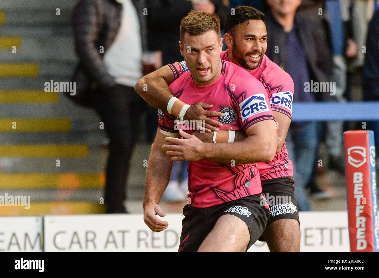 Warrington, Großbritannien. 29. April 2022. Warrington, England -29.. April 2022 - Iain Thornley von Wigan Warriors feiert den 2.. Treffer. Rugby League Betfred Super League Round 10 Warrington Wolves vs Wigan Warriors at Halliwell Jones Stadium, Warrington, UK Dean Williams Credit: Dean Williams/Alamy Live News Stockfoto