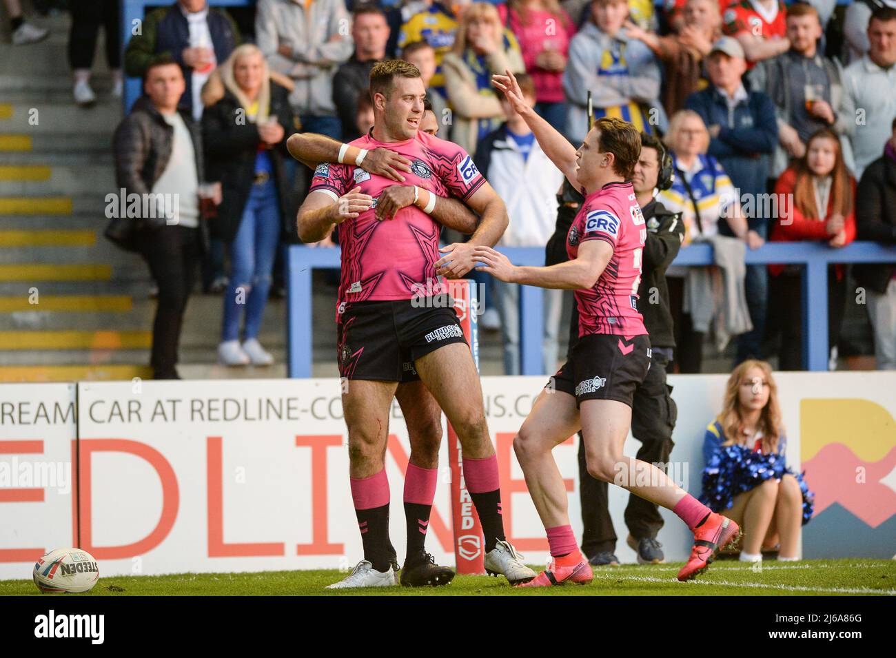 Warrington, Großbritannien. 29. April 2022. Warrington, England -29.. April 2022 - Iain Thornley von Wigan Warriors feiert den 2.. Treffer. Rugby League Betfred Super League Round 10 Warrington Wolves vs Wigan Warriors at Halliwell Jones Stadium, Warrington, UK Dean Williams Credit: Dean Williams/Alamy Live News Stockfoto