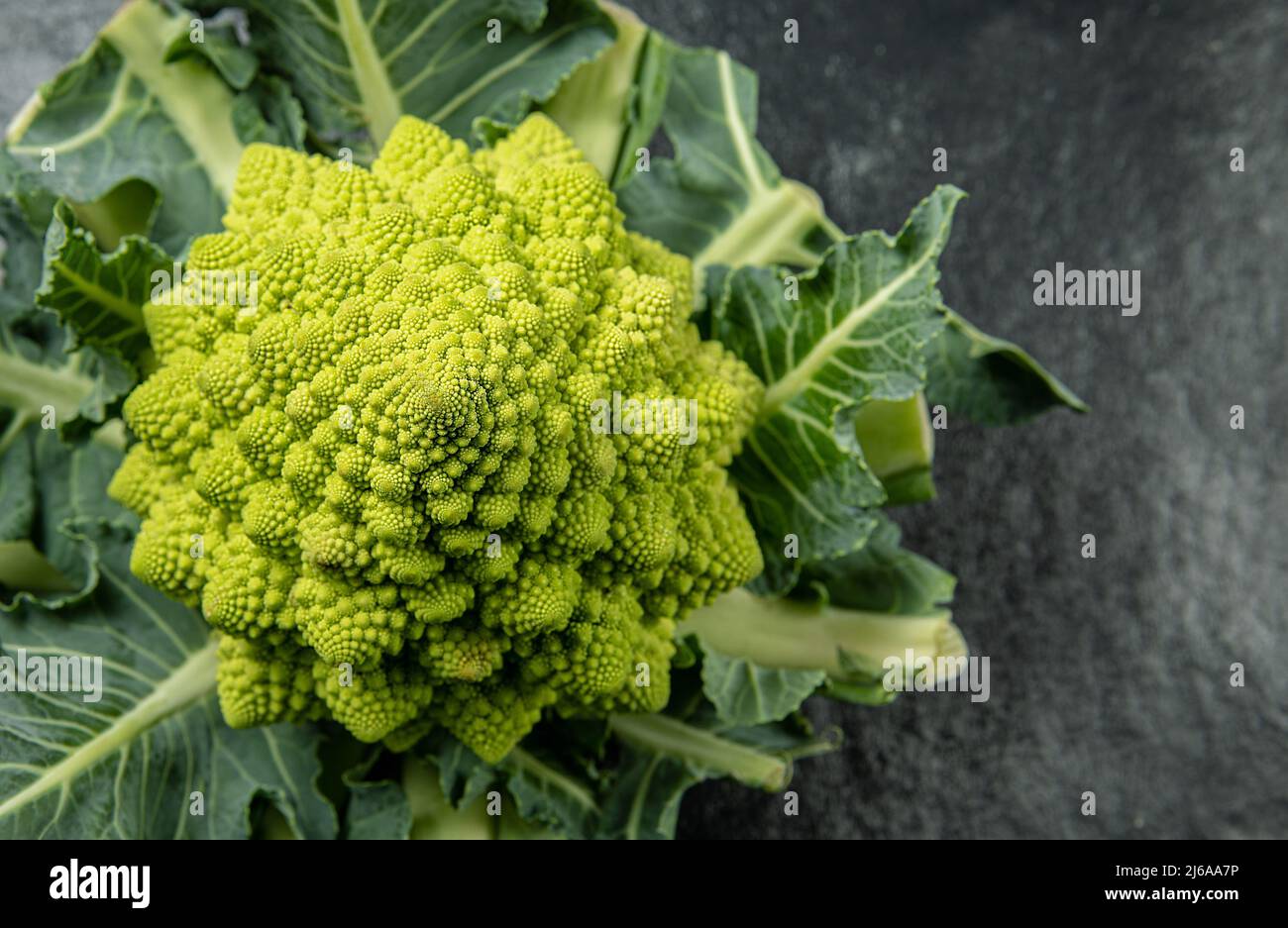 Romanesco Brokkoli Kopf auf einer dunklen Steinoberfläche, Kohl, Nahaufnahme, fibonacci-Sequenz, für diejenigen, die Mathematik lieben, Stock Foto Stockfoto
