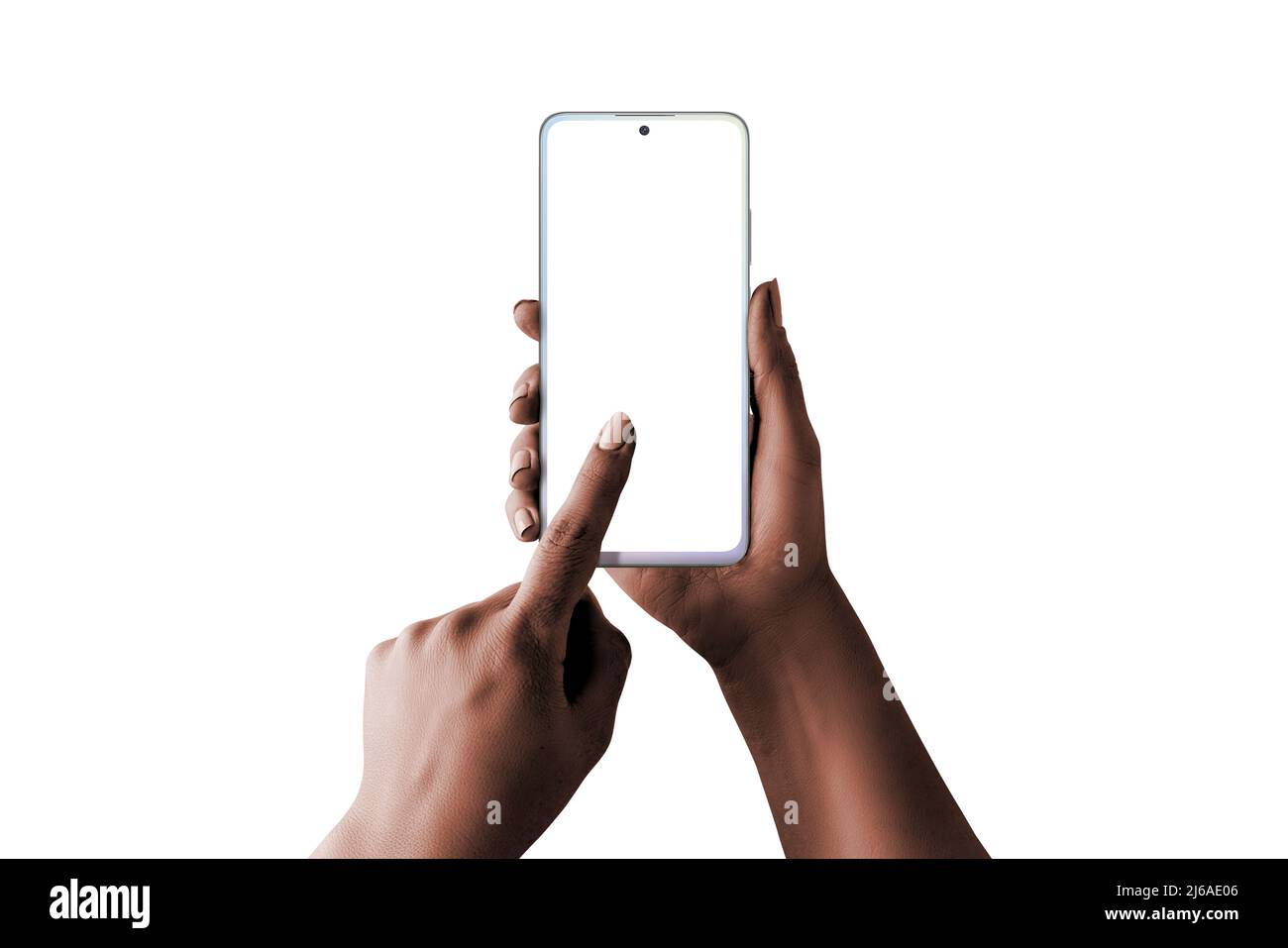 Modernes weißes perla-Smartphone in Frauenhand. Schwache, dunkle Haut, isoliert in Weiß. Isolierter Bildschirm für Nachbau Stockfoto