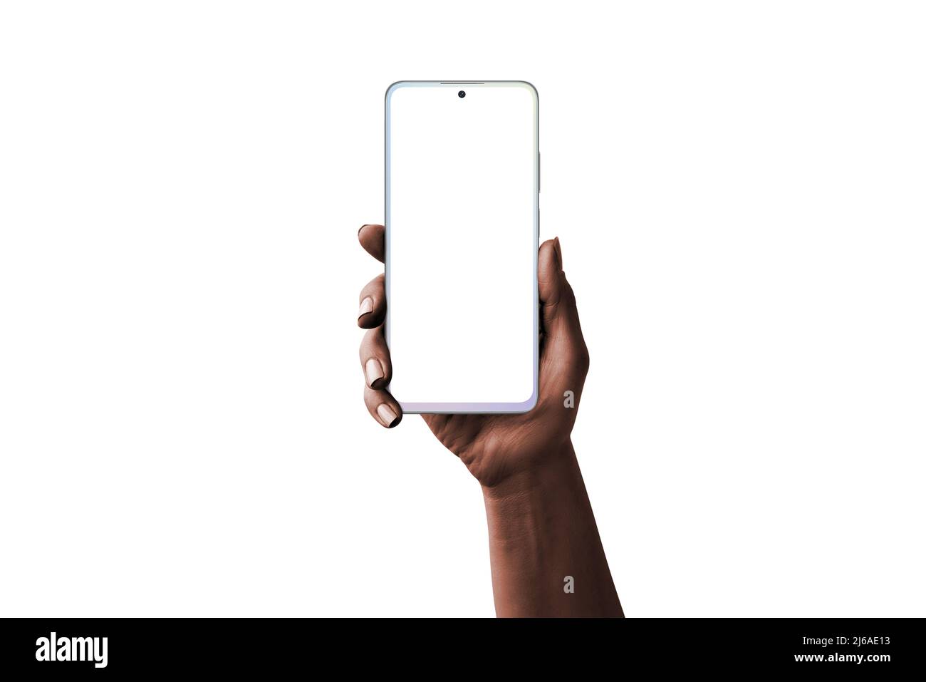 Dunkle Haut Frauen Hand halten Smartphone mit isolierten Bildschirm für App-Design-Präsentation Stockfoto