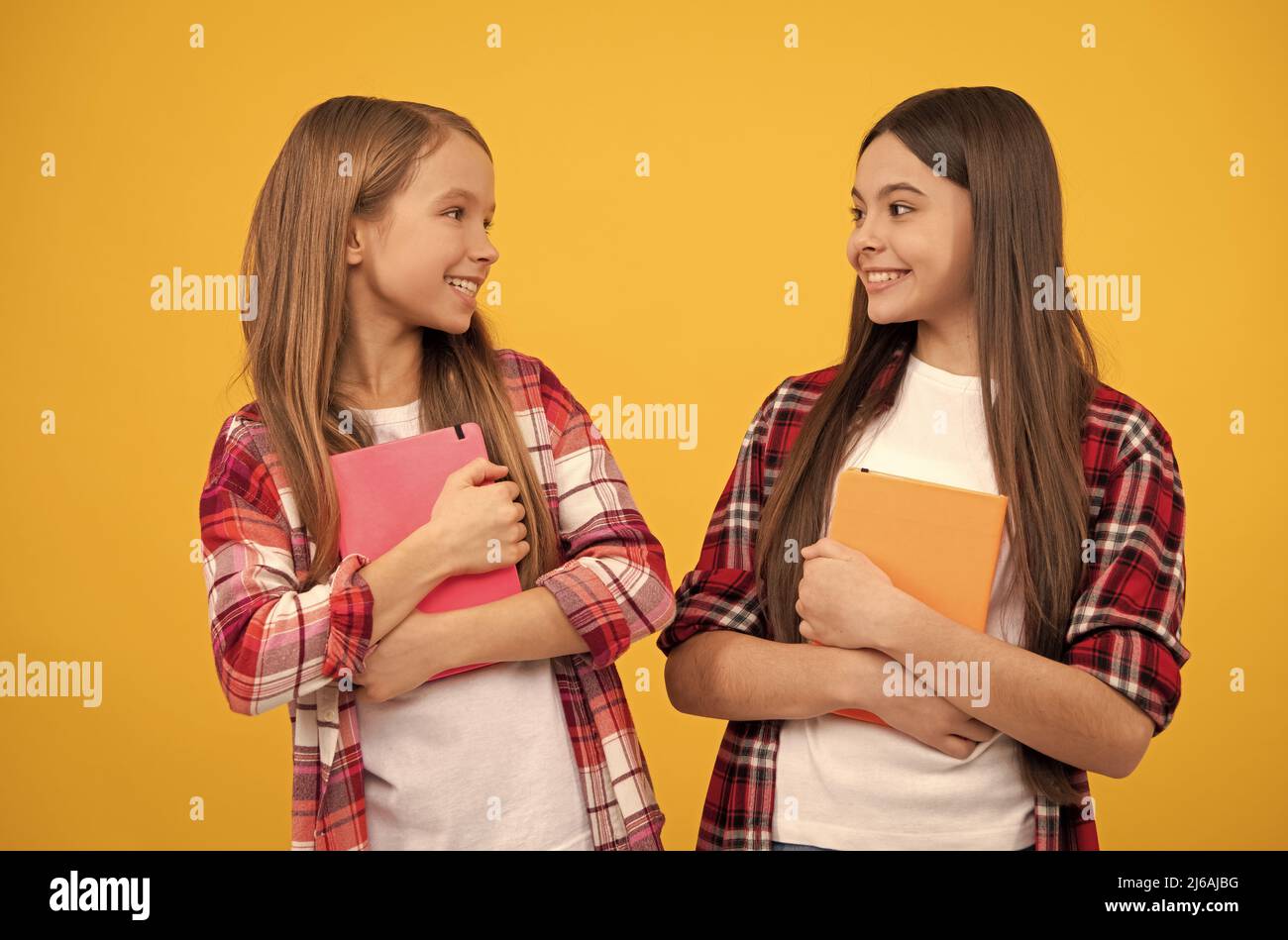 Glückliche Teenager-Mädchen in lässigem karierten Hemd mit Notizbüchern, Schwesternschaft Stockfoto