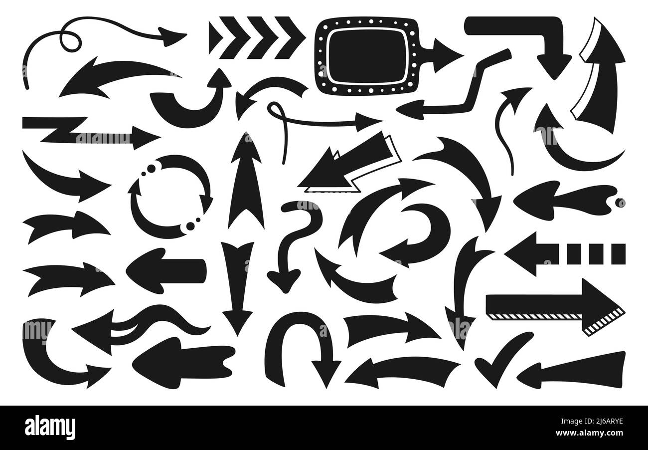 Pfeil Silhouette gesetzt. Infografik verschiedene Richtungen Zeiger, Cartoon Cursor Zeichen Sammlung. Entwerfen Sie verschiedene schwarze Form Pfeile Symbol nach oben, links rechts unten. Vektor für Business-Plan oder Bildung App Stock Vektor