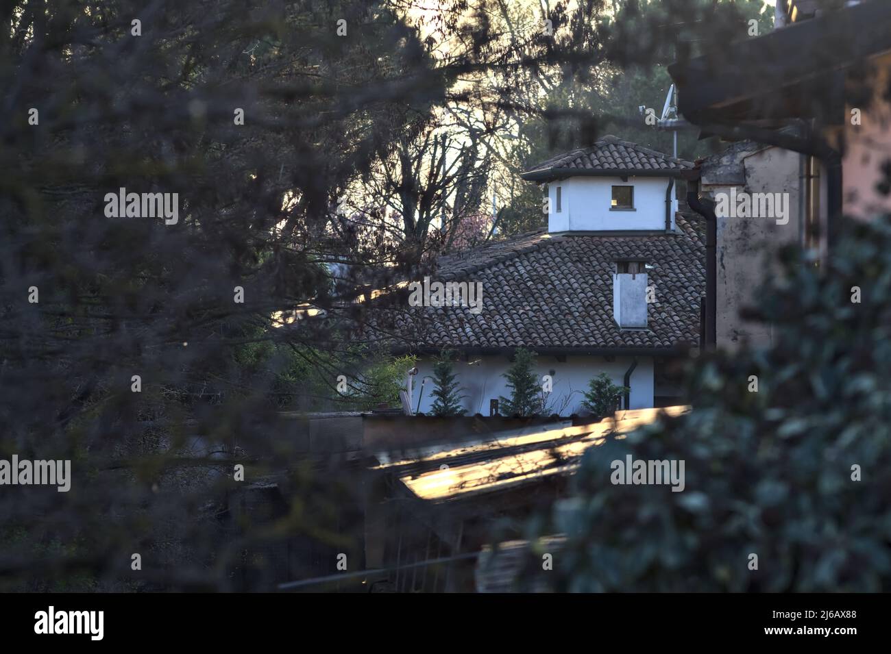 Modernes Landhaus bei Sonnenuntergang, eingerahmt von Baumkronen Stockfoto