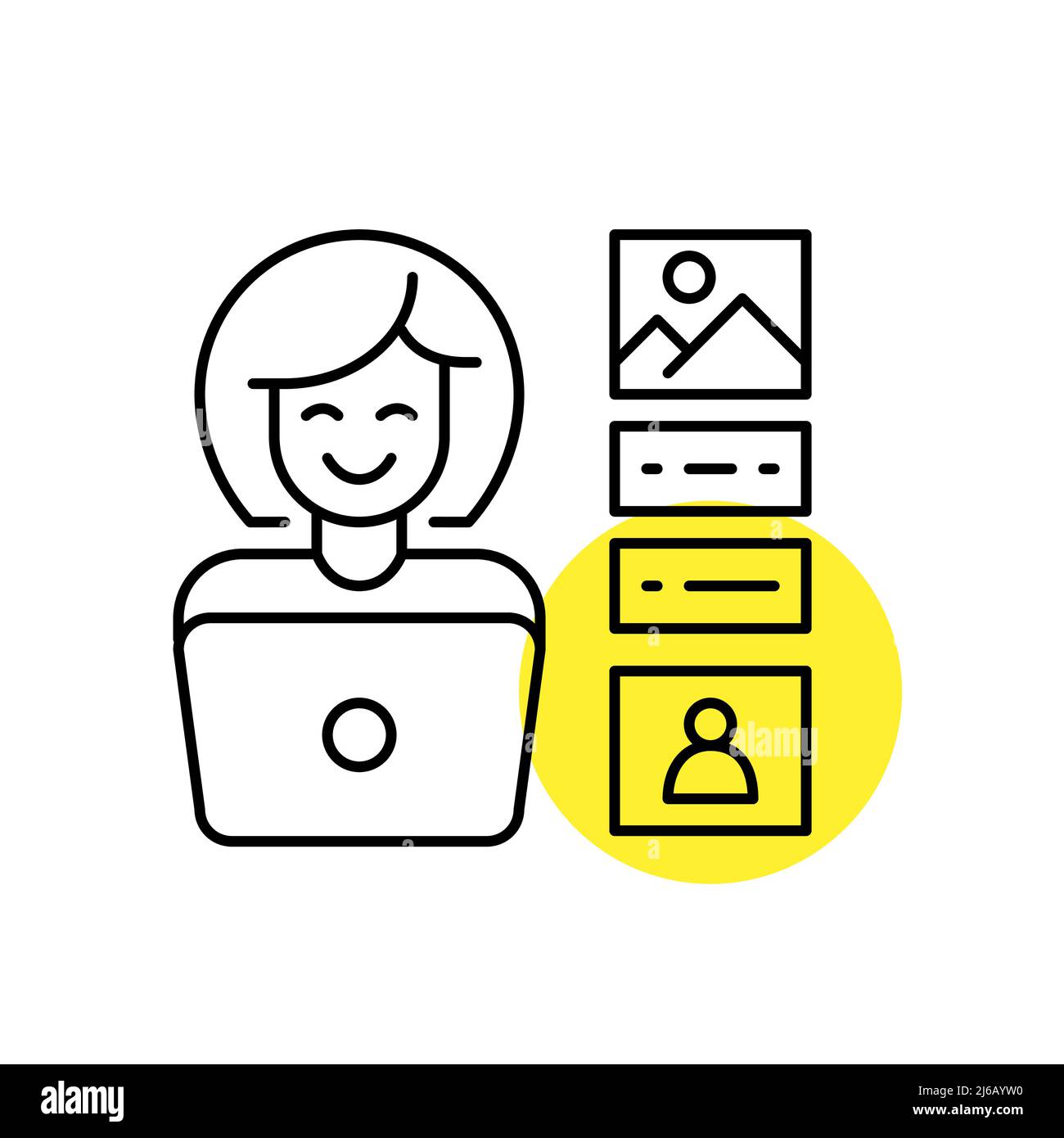 Frau, die an einem Laptop arbeitet. SMM Content Manager oder Blogger, der Medieninhalte erstellt. Pixel Perfect, bearbeitbares Kontursymbol Stock Vektor