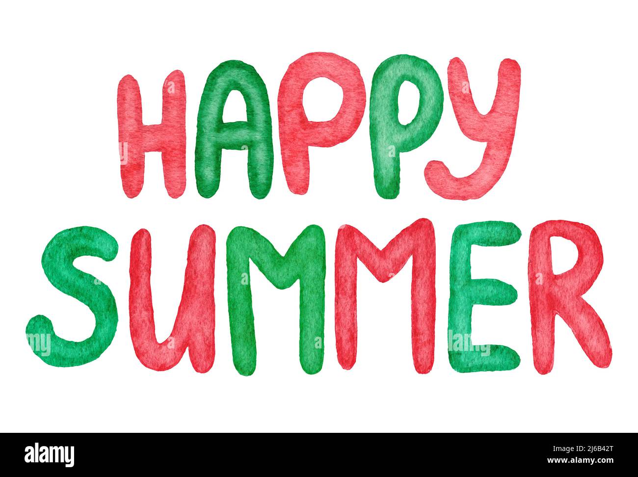 Aquarell handgezeichnete fröhliche Sommerphrase in rot-grünen Farben. Wörter Schriftzug Slogan Element hell lebendige lustige Cartoon-Design, niedliche kawaii Buchstaben im tropischen Modus Stockfoto