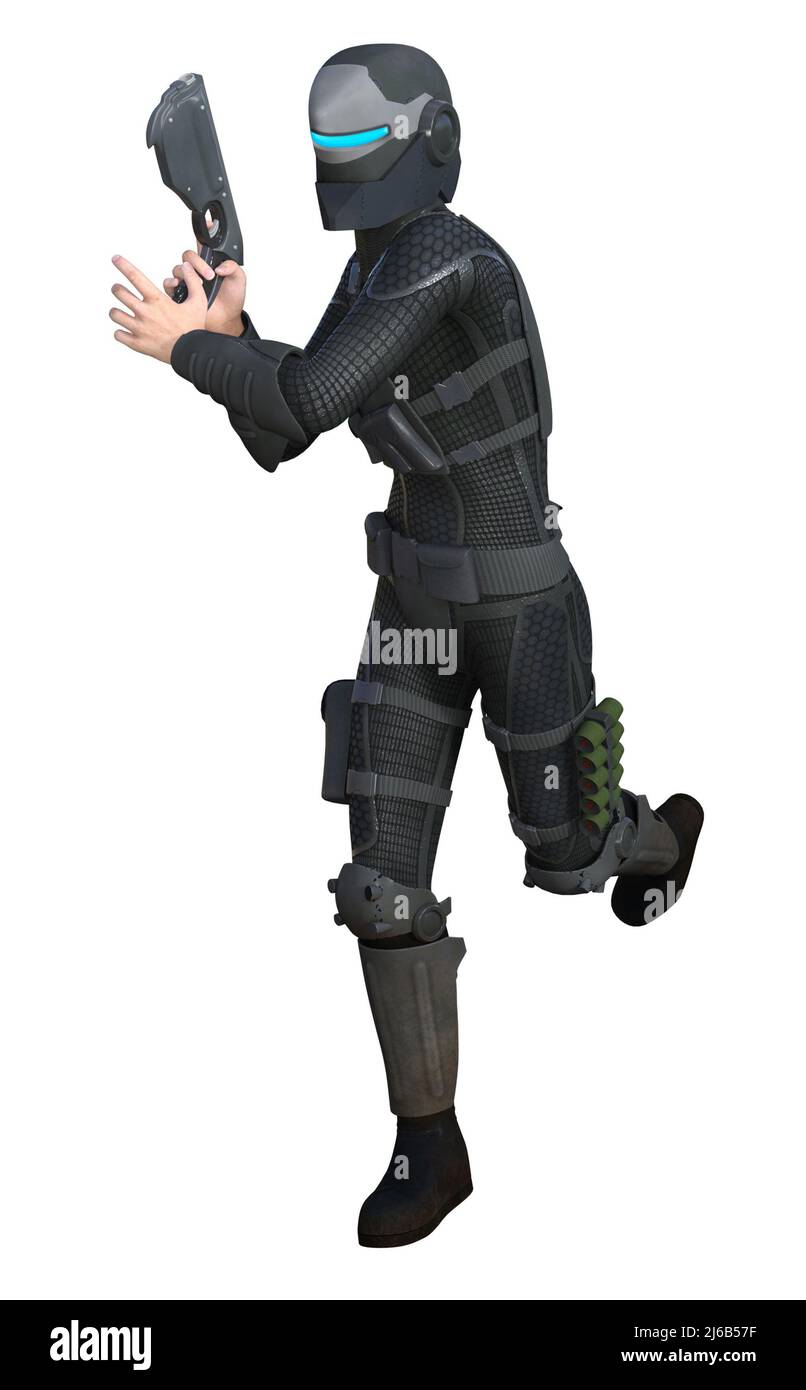 Futuristischer Soldat in Uniform mit Pistole, abbildung 3D Stockfoto