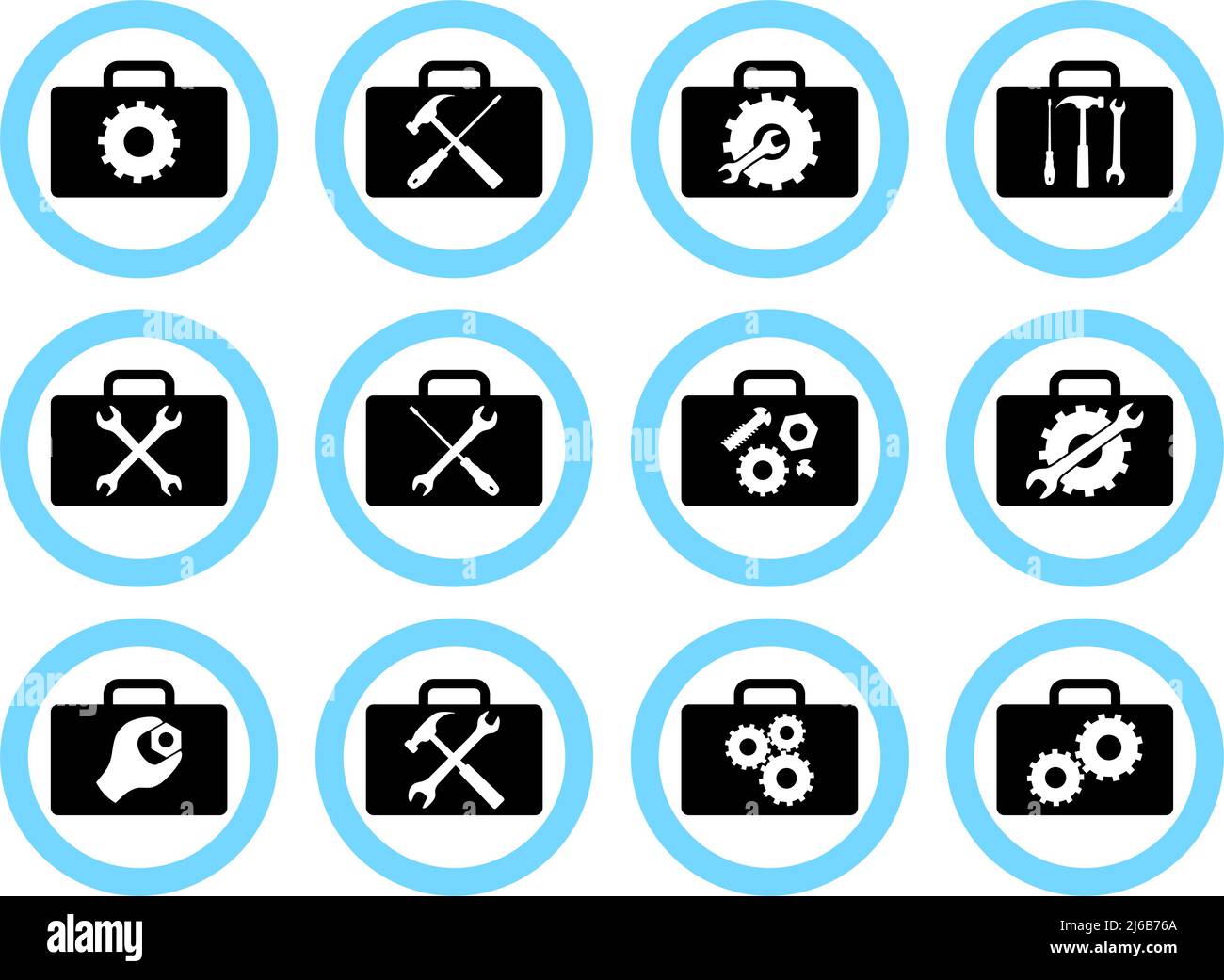 Reparaturservicekonzept. Icons Set: Schraubenschlüssel, Schraubendreher, Hammer, Schraube, Mutter, Schraube und Zahnrad. Symbol oder Schaltfläche für Dienste auf weißem Hintergrund isoliert. Vecto Stock Vektor