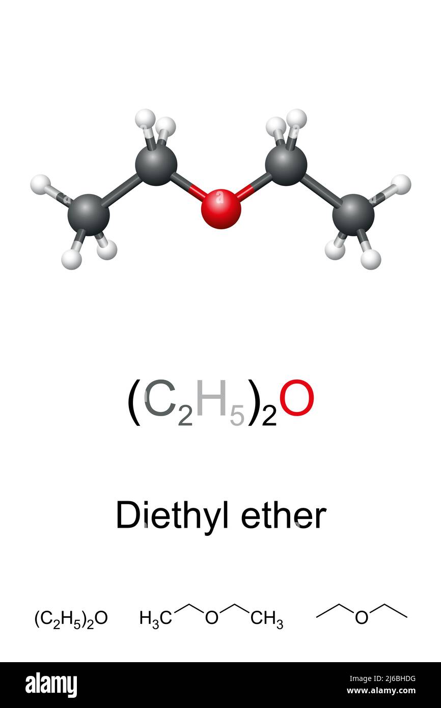 Diethylether, oder einfach Äther, Ball-and-Stick-Modell, molekulare und chemische Formel. Ethoxyethan, (C2H5)2O, eine organische Verbindung, auch bekannt als Et2O. Stockfoto