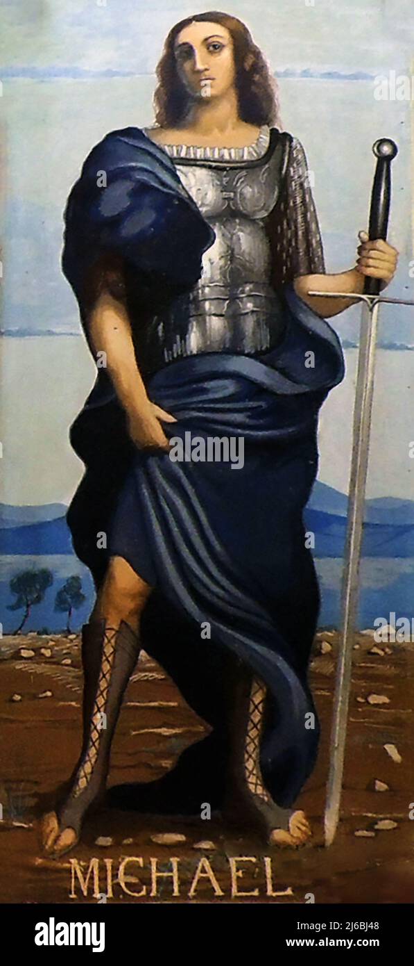 Ein altes religiöses Bild des Erzengels Michael (was soviel bedeutet wie "einer, der wie El ist") , das in verschiedenen Sprachen auch als Mīḵāʾēl, Μιχαήλ, Mickhael, Michahel, ميخائيل ، مِيكَالَ ، ميكائيل, Mīkāʾīl, Mīkāl, Mīkhāʾīl, Prinz der himmlischen Heerscharen, Heiliger Erzengel Michael und Heiliger Taxiarch Michael bekannt ist. Stockfoto